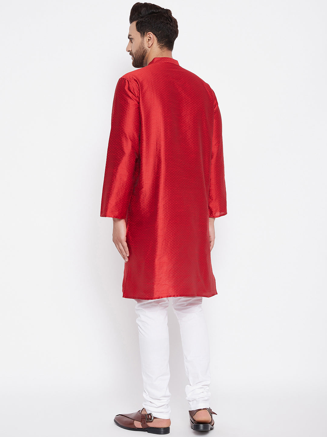 Men's Woven Design Red Straight  Kurta - Even Apparels