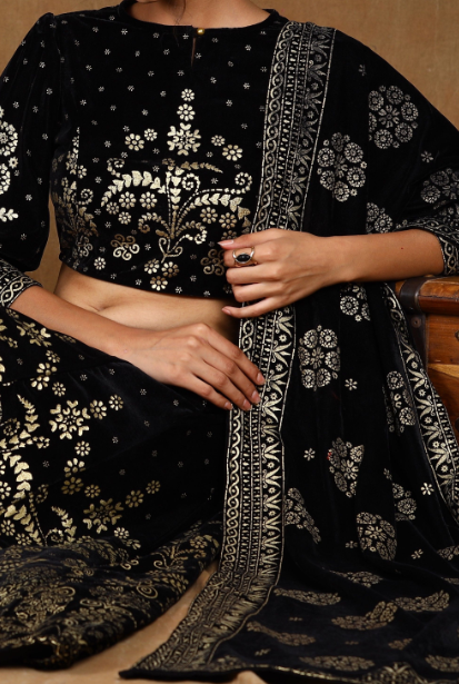 Women's Black Velvet Printed Lehenga Choli Dupatta Set - Juniper