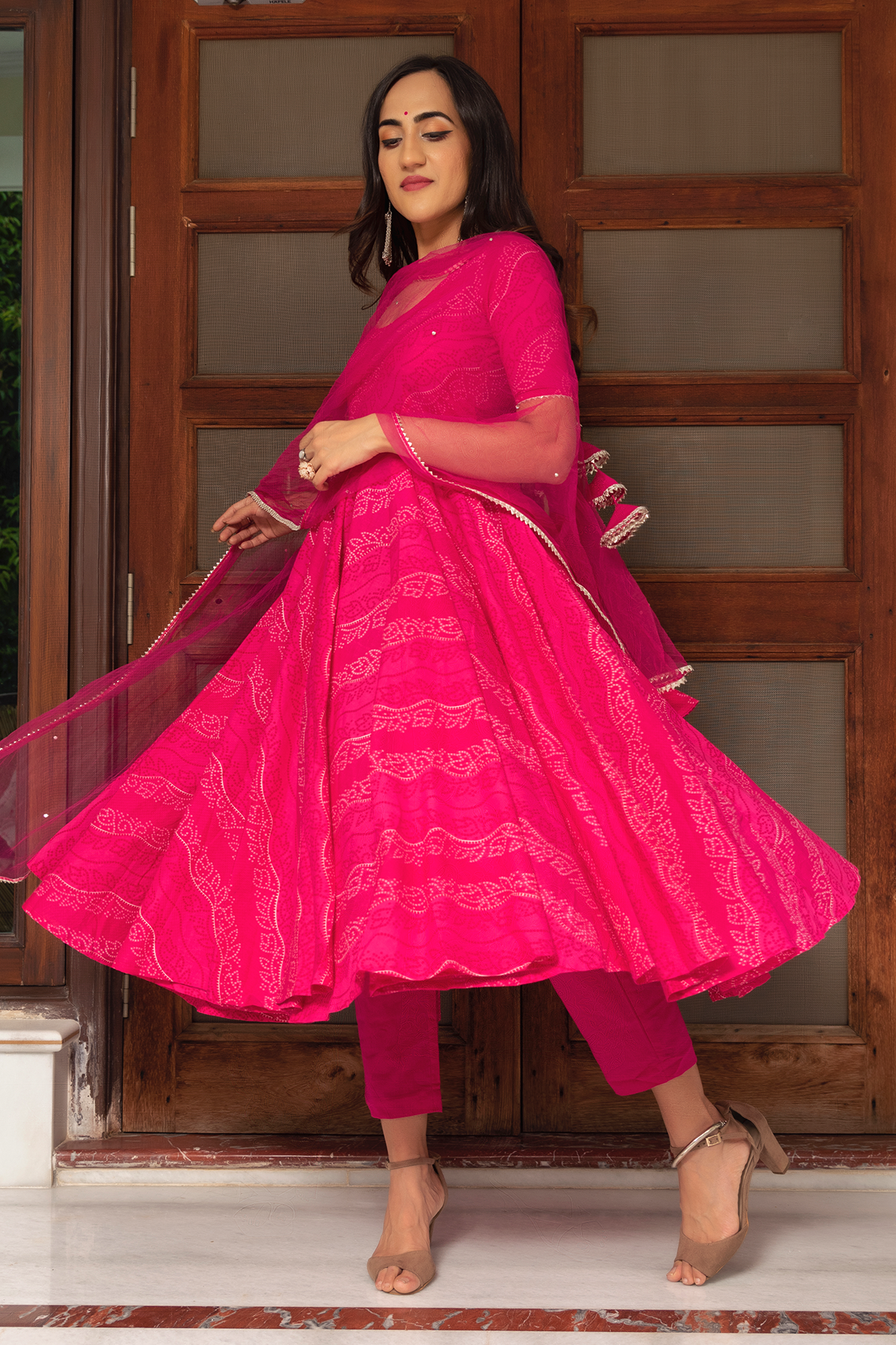 Women's Pink Anarkali suit set with Pants & Dupatta (3pcs set) - Pomcha Jaipur