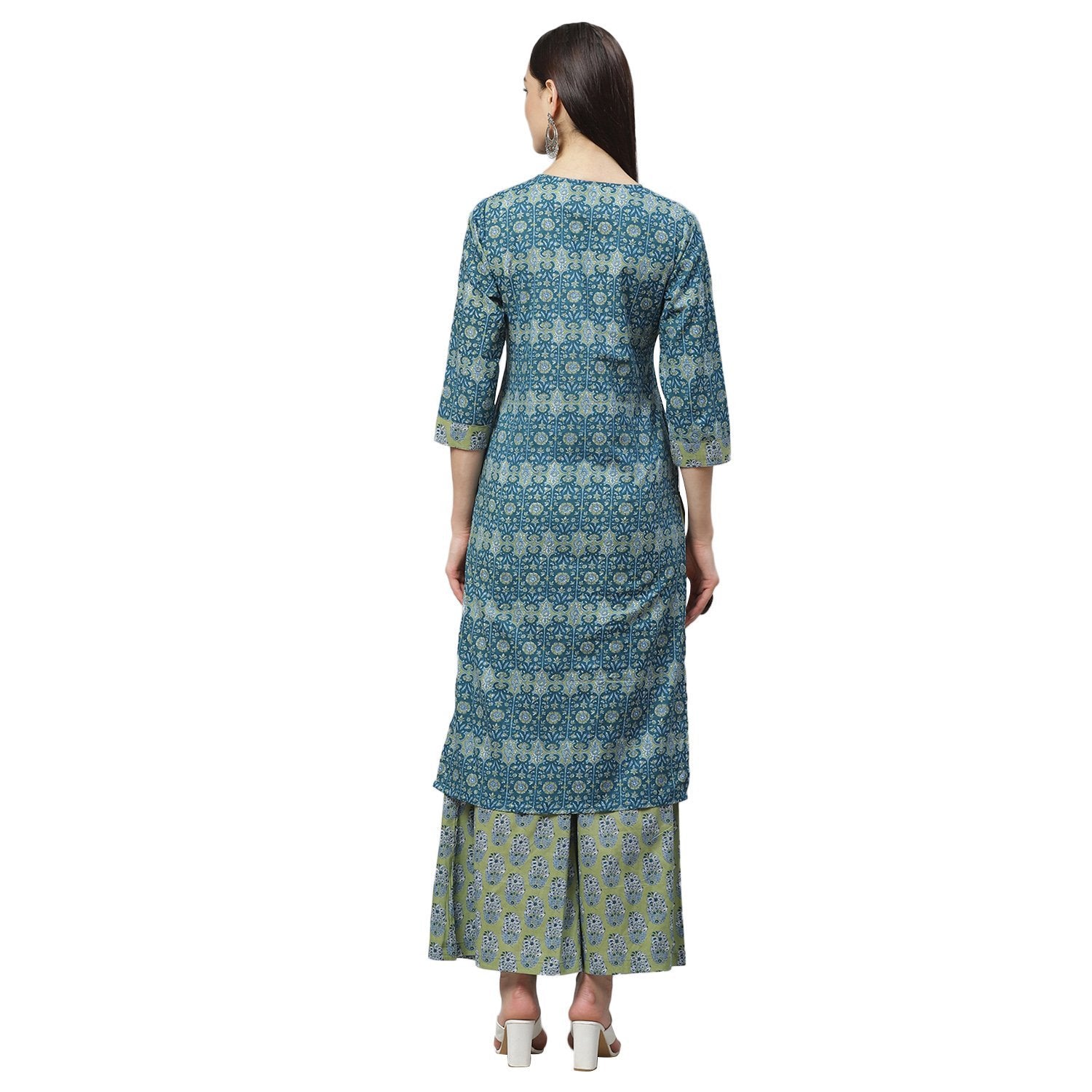 Women's Green Cotton Printed Sleeveless Round Neck Casual Kurta Pant Set - Myshka