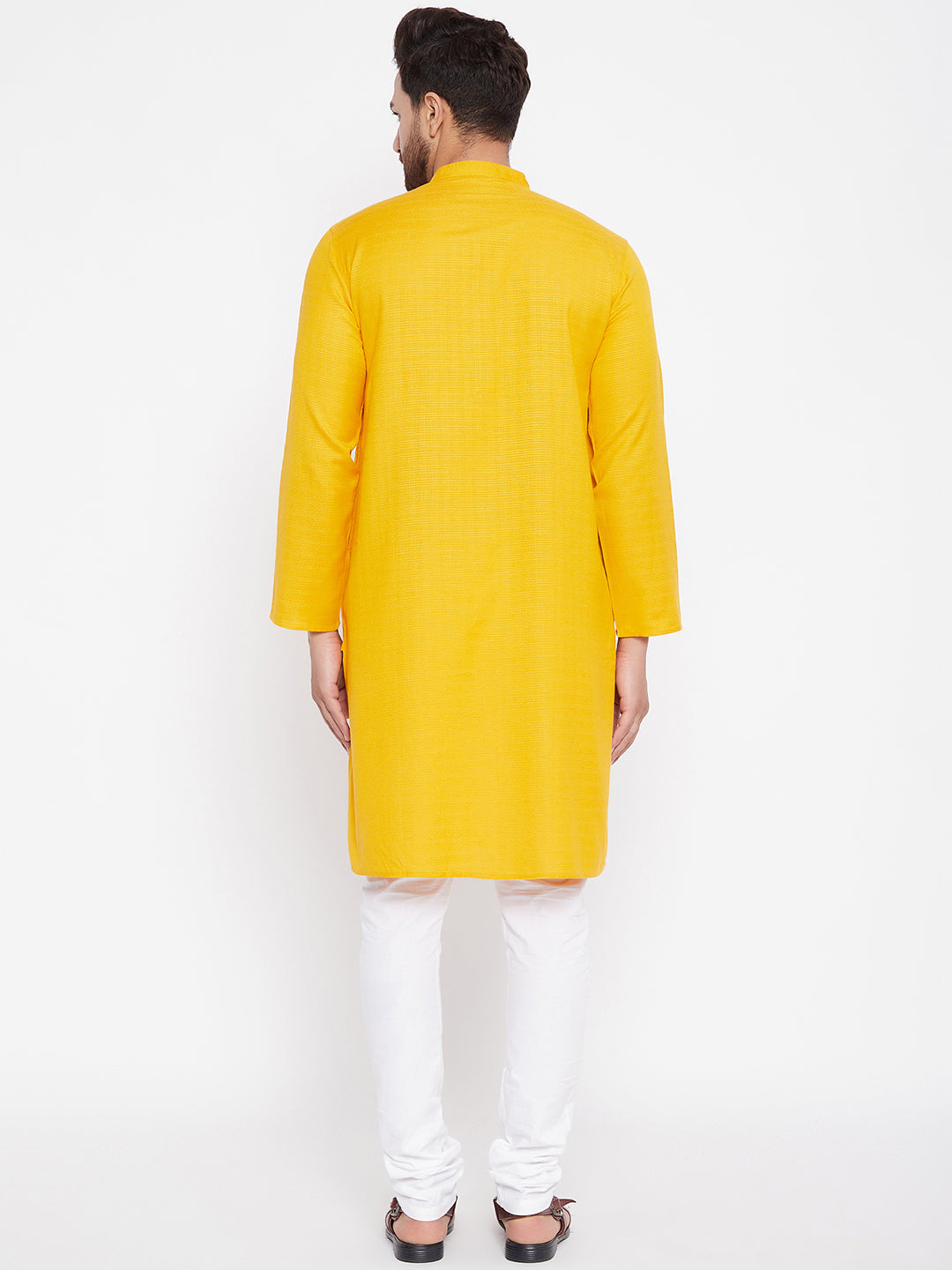 Men's Woven Design Yellow Straight  Kurta - Even Apparels
