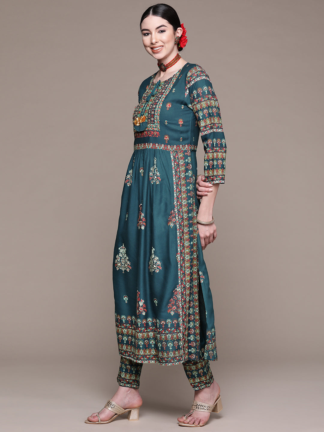 Women Teal Green Printed Kurta with Palazzos & Dupatta