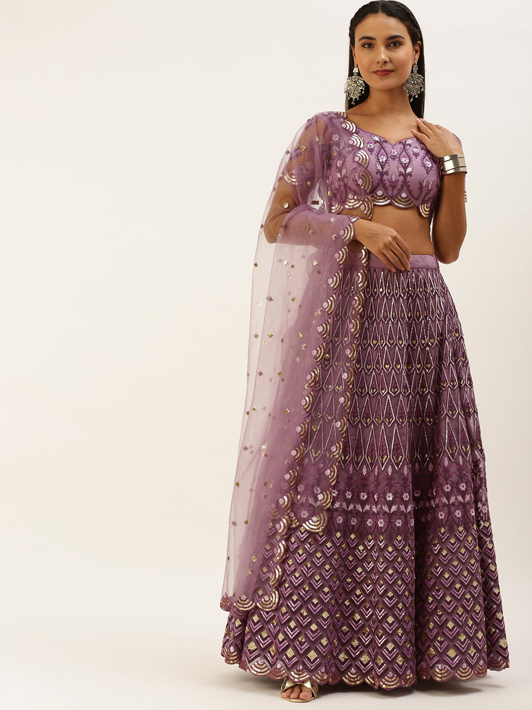 Women's Lavender Net Sequince Lehenga & Blouse With Dupatta - Royal Dwells