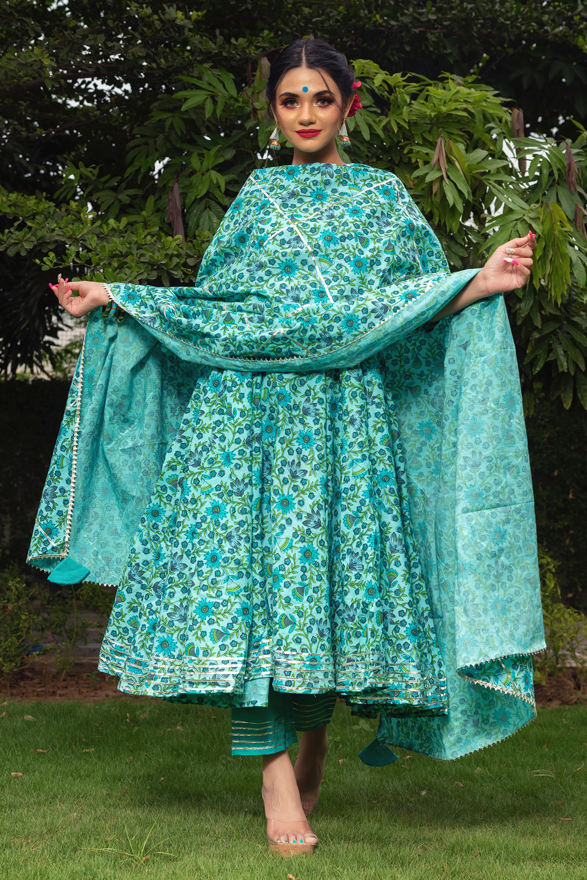 Women Green Anarkali Suit Set with Pant & Dupatta by Pomcha Jaipur (3pcs Set)