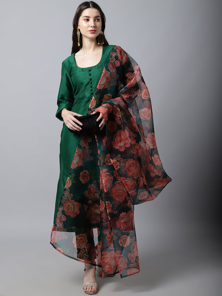 Women's Sizzling Green Kurti With Pants And Printed Dupatta