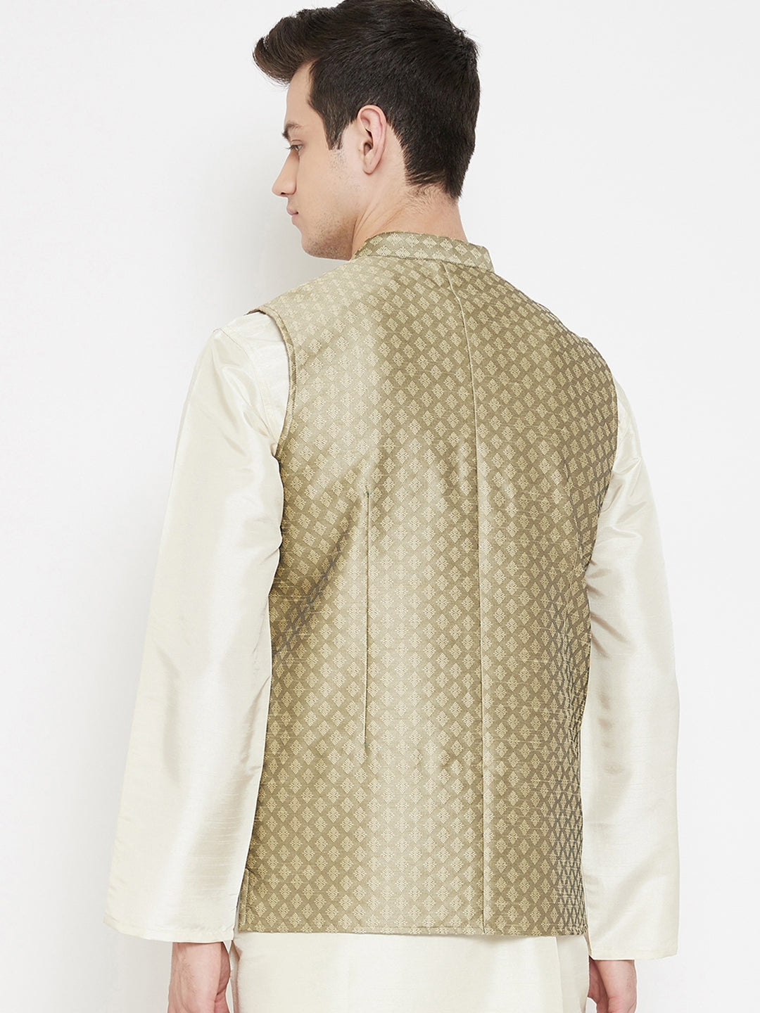 Men's Jacquard Beige Silk Nehru Jacket
