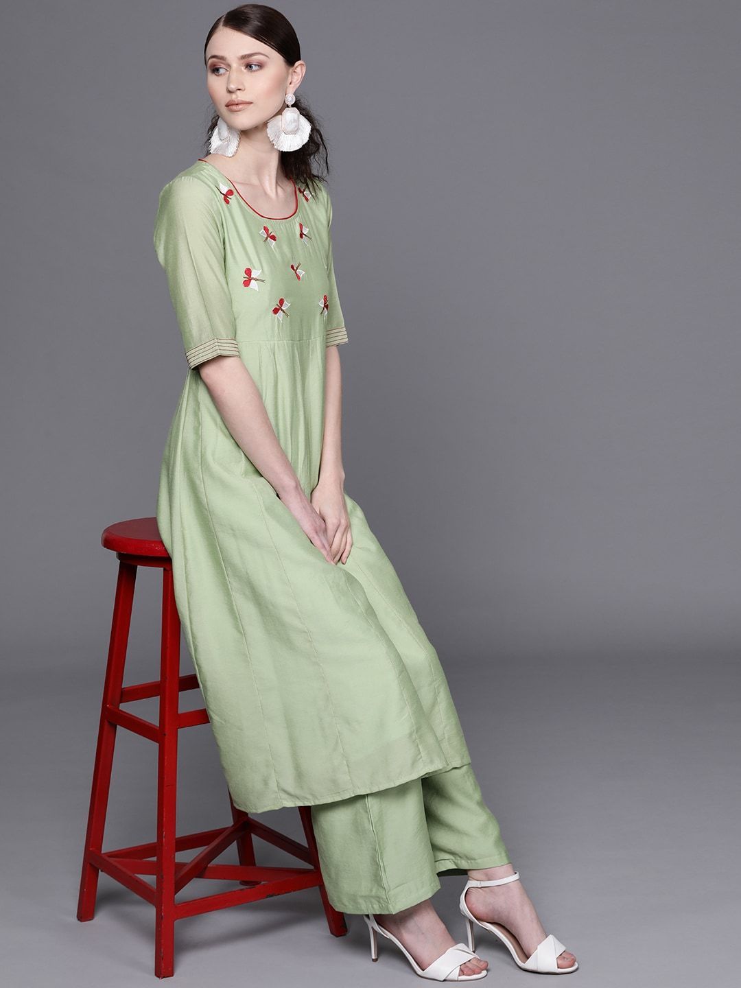 Women's  Green & Red Quirky Yoke Design Anarkali Kurta - AKS