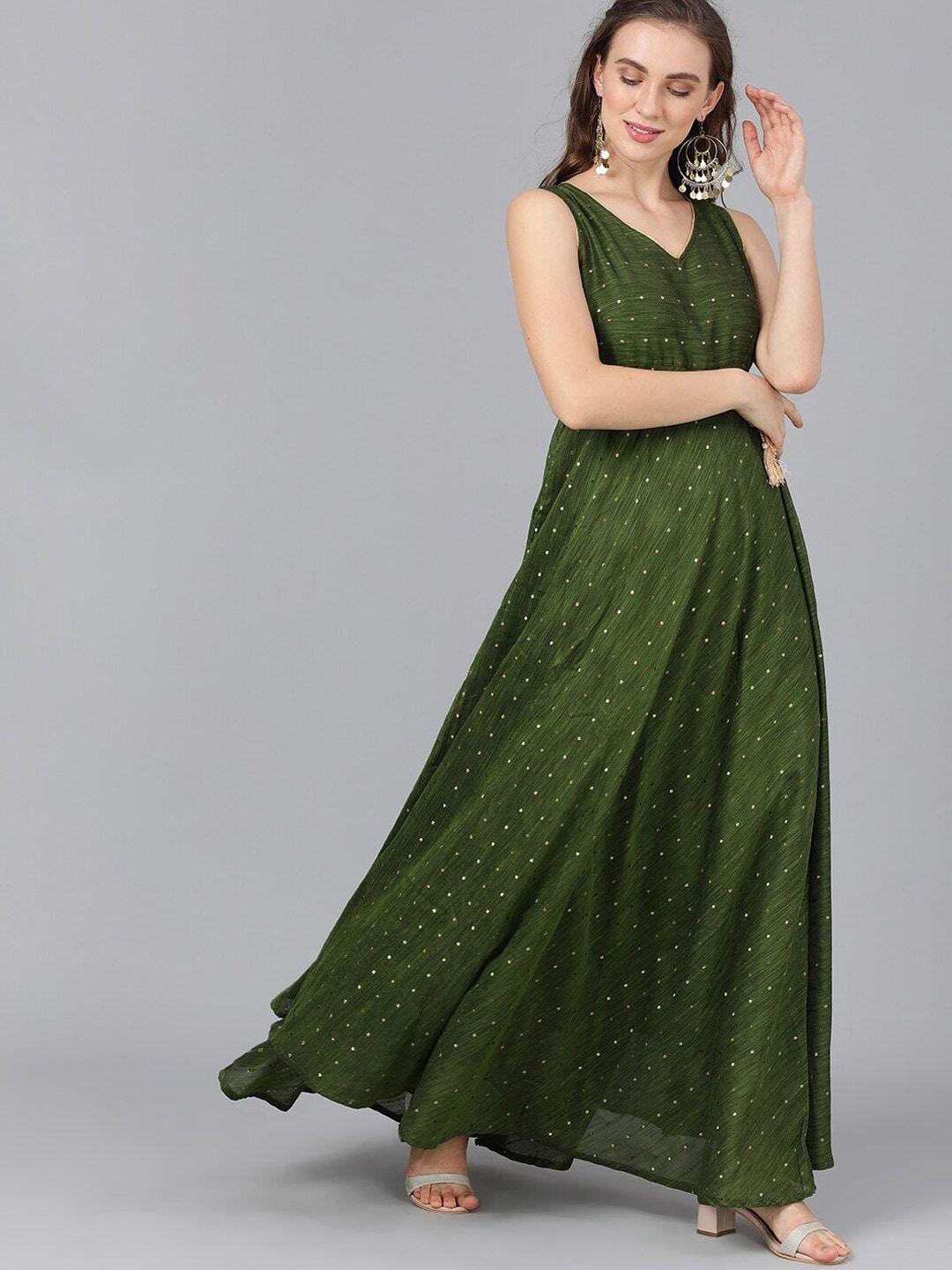 Women's  Green Self Design Empire Dress - AKS