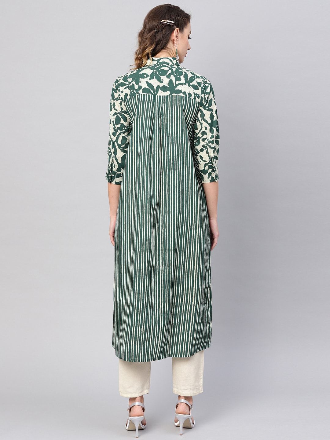 Women's  Green & Beige Striped Shirt A-Line Kurta - AKS
