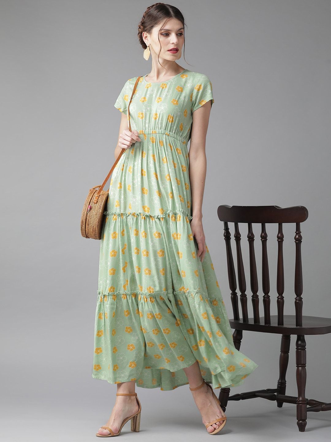 Women's  Green & Mustard Yellow Printed Tiered Maxi Dress - AKS