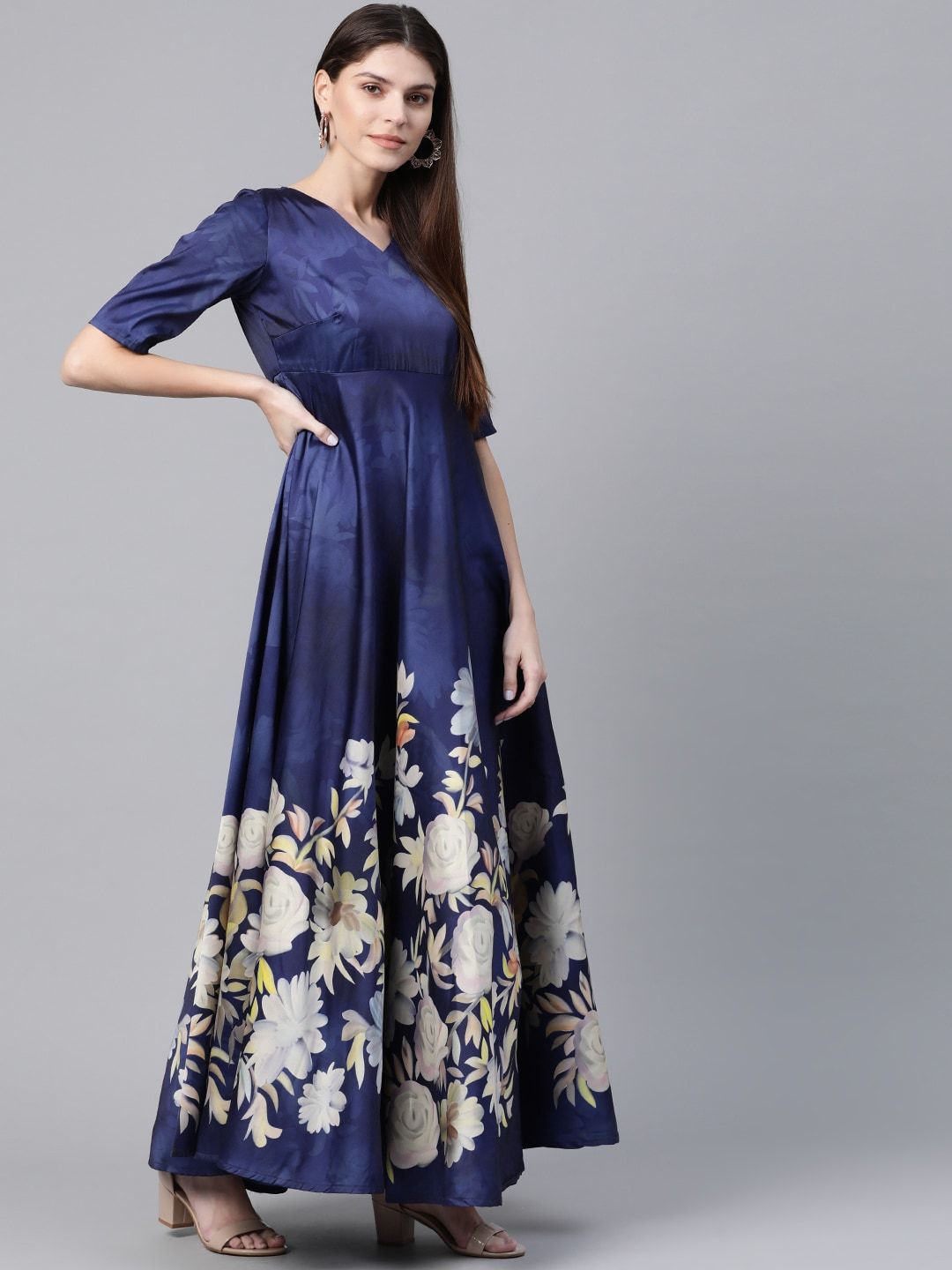 Women's  Navy Blue & White Digital Floral Print Maxi Dress - AKS