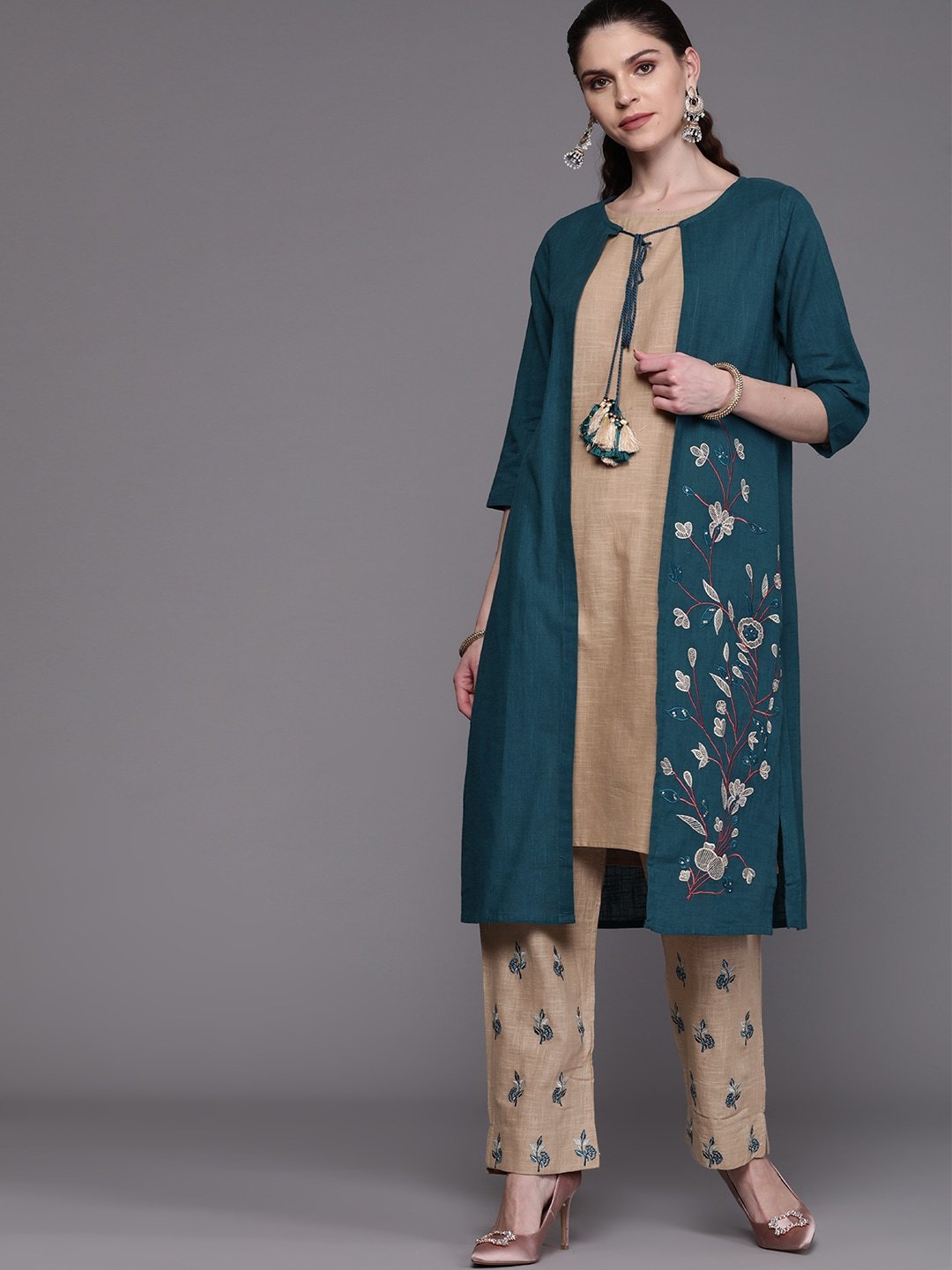 Women's  Teal Blue & Brown Embroidered Layered Kurta with Palazzos - AKS
