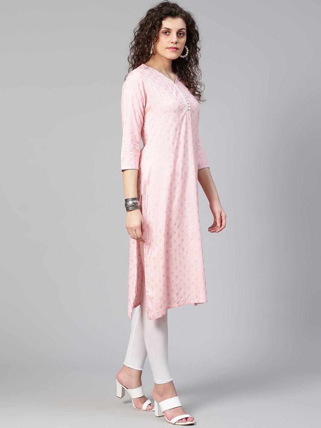 Women's Pink & Silver Woven Design Straight Kurta - Meeranshi
