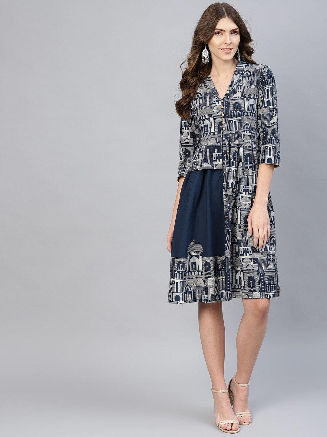 Women's  Navy & Off-White Printed Layered A-Line Dress - AKS
