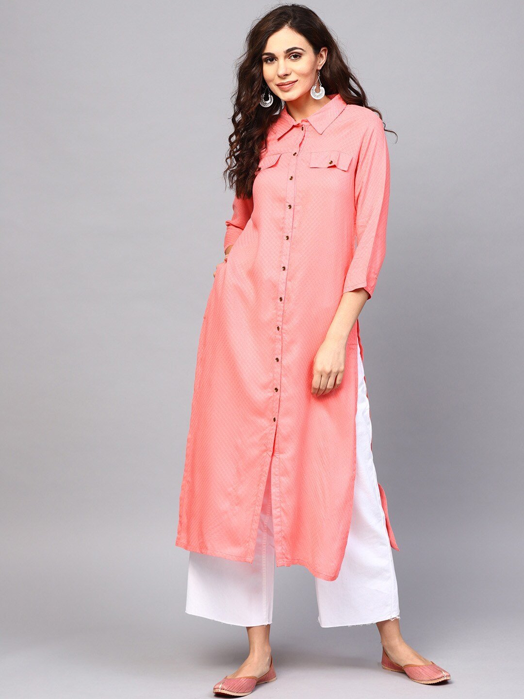 Women's  Peach-Coloured Woven Design Pathani Kurta - AKS