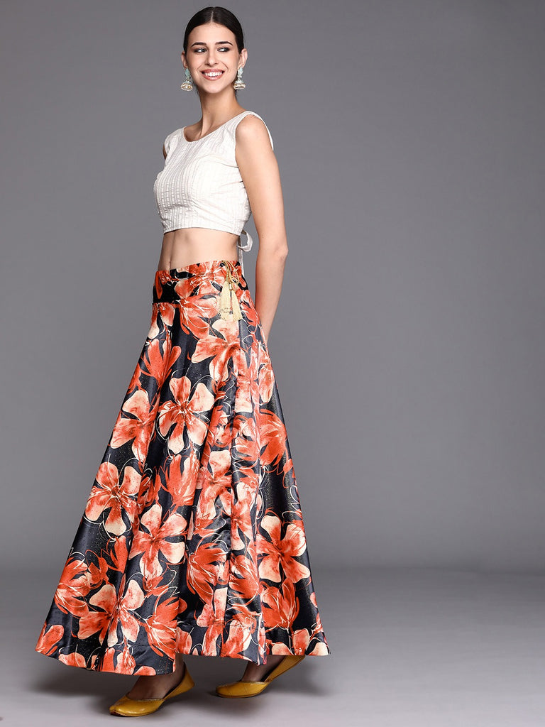 Women's Digital Print Shiney Satin Semistitched Lehenga Choli With Unstitched Blouse And Thred Work Dupatta