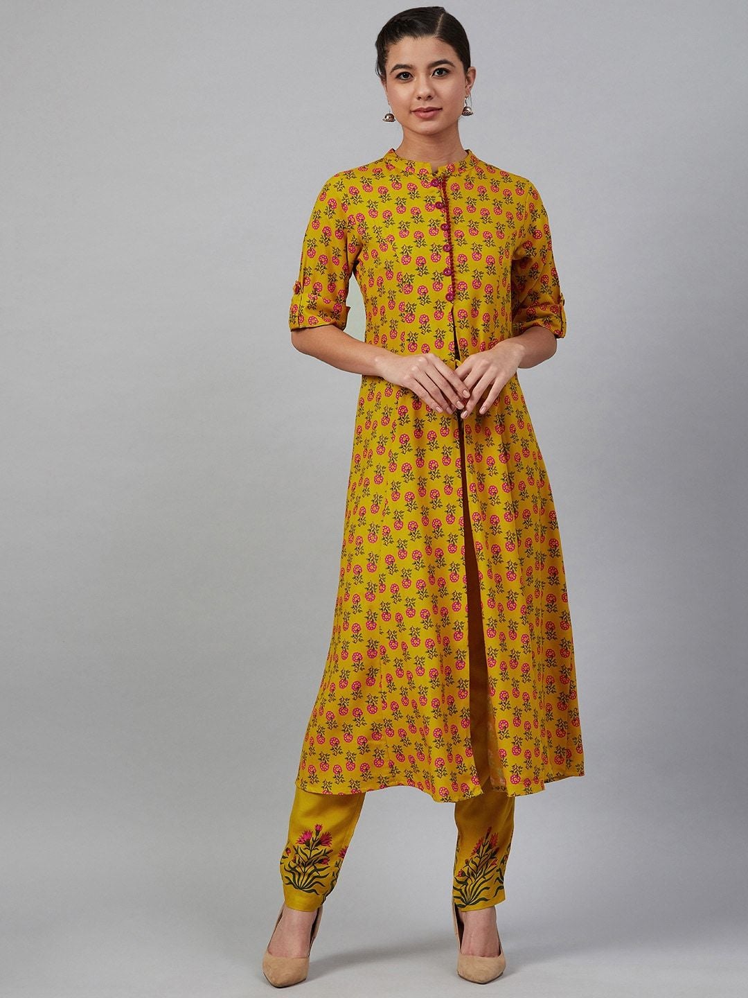 Women's Mustard Yellow & Pink Printed Kurta with Trousers - Meeranshi