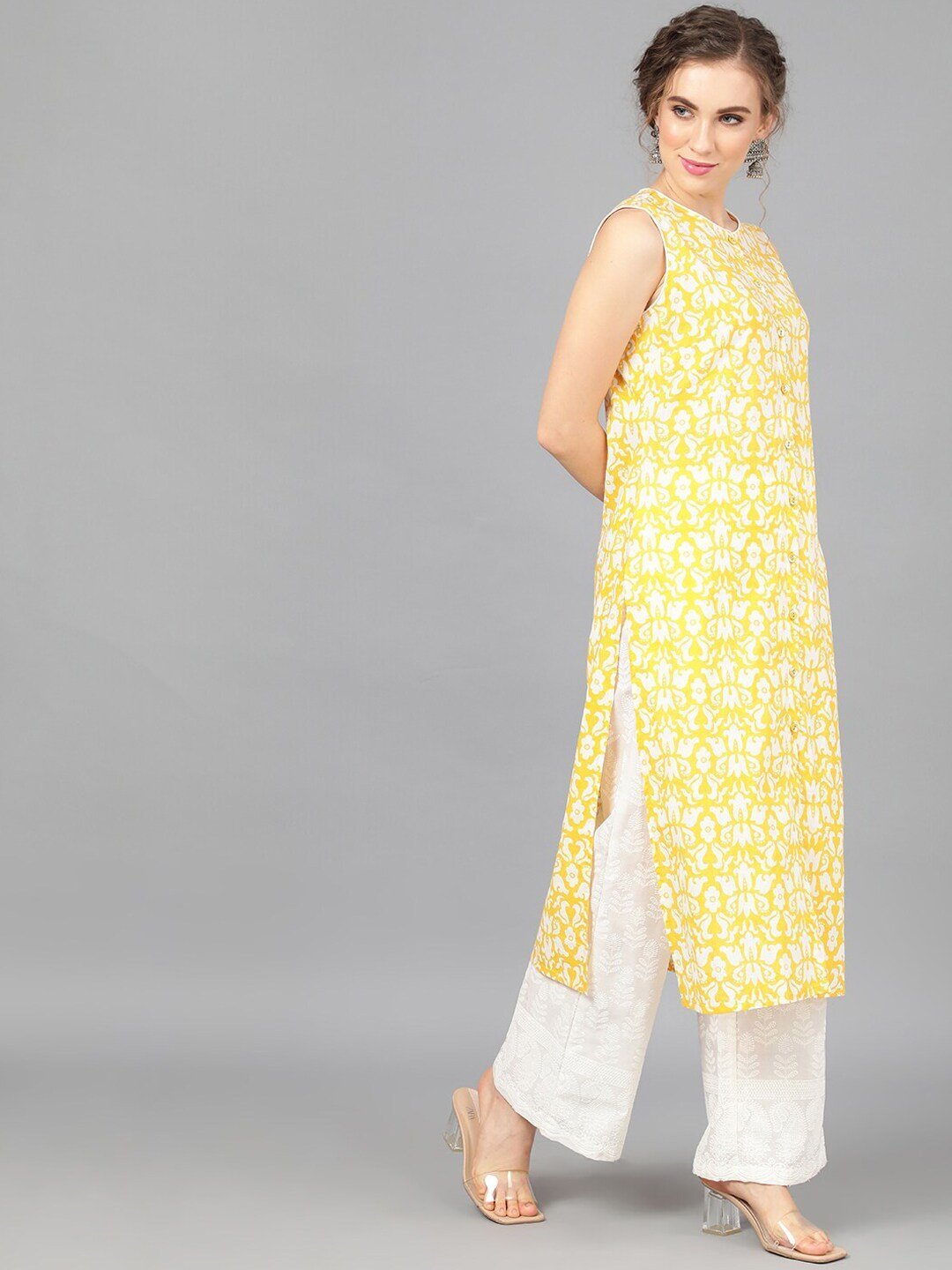 Women's  Yellow & White Printed Straight Kurta - AKS