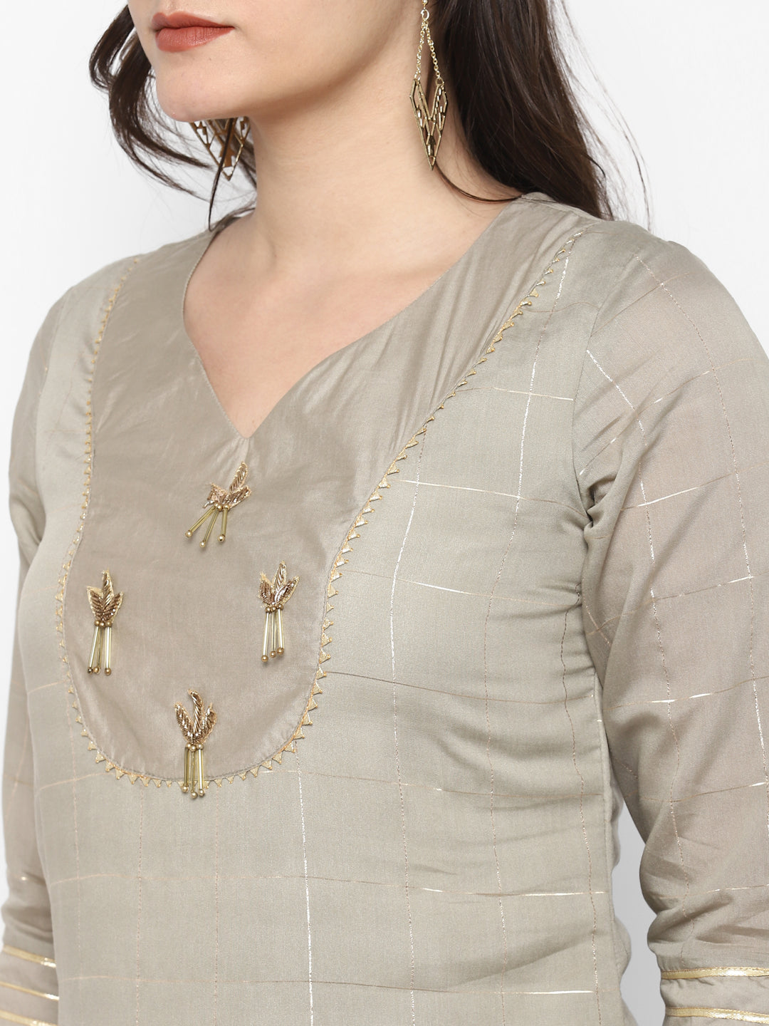 Women's Grey Color Chanderi Silk Embroidered Straight Kurta Palazzo With Dupatta - VAABA