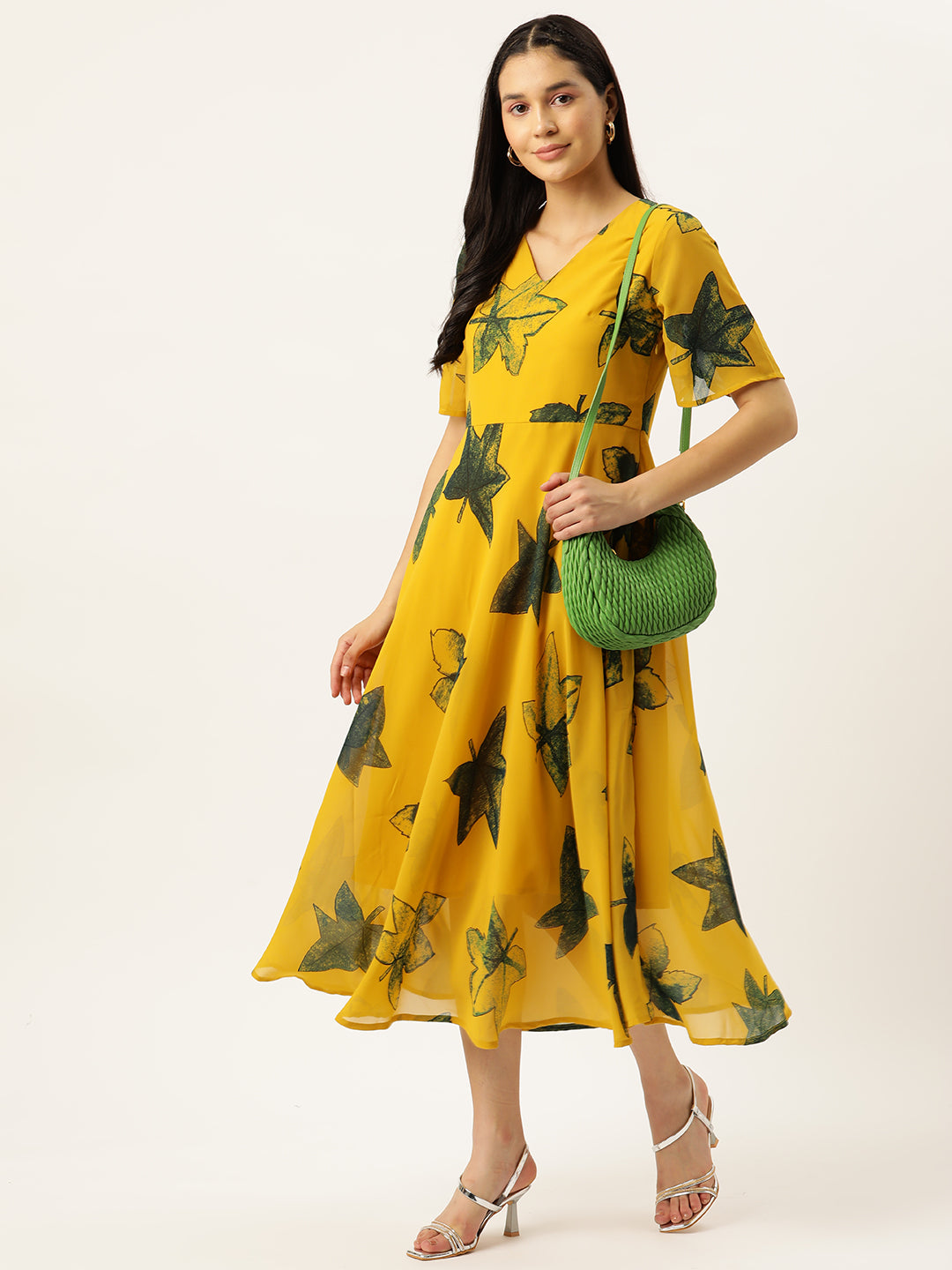 Women's V-Neck Ethnic Dress Yellow Dress - VAABA