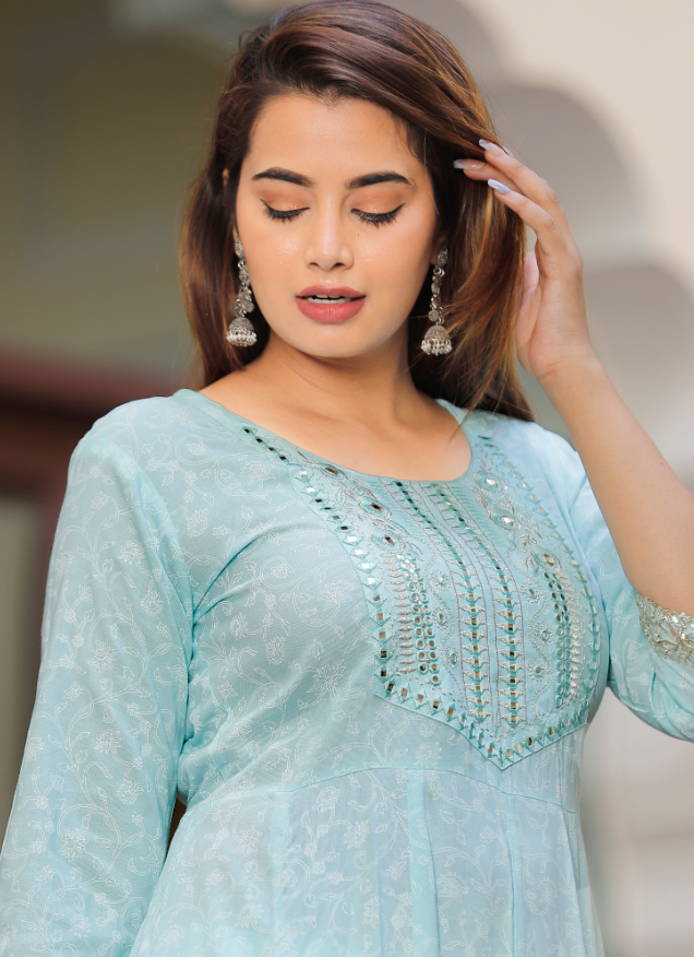 Women's Sky Blue Anarkali Embroidered Kurta With Pant And Dupatta Set