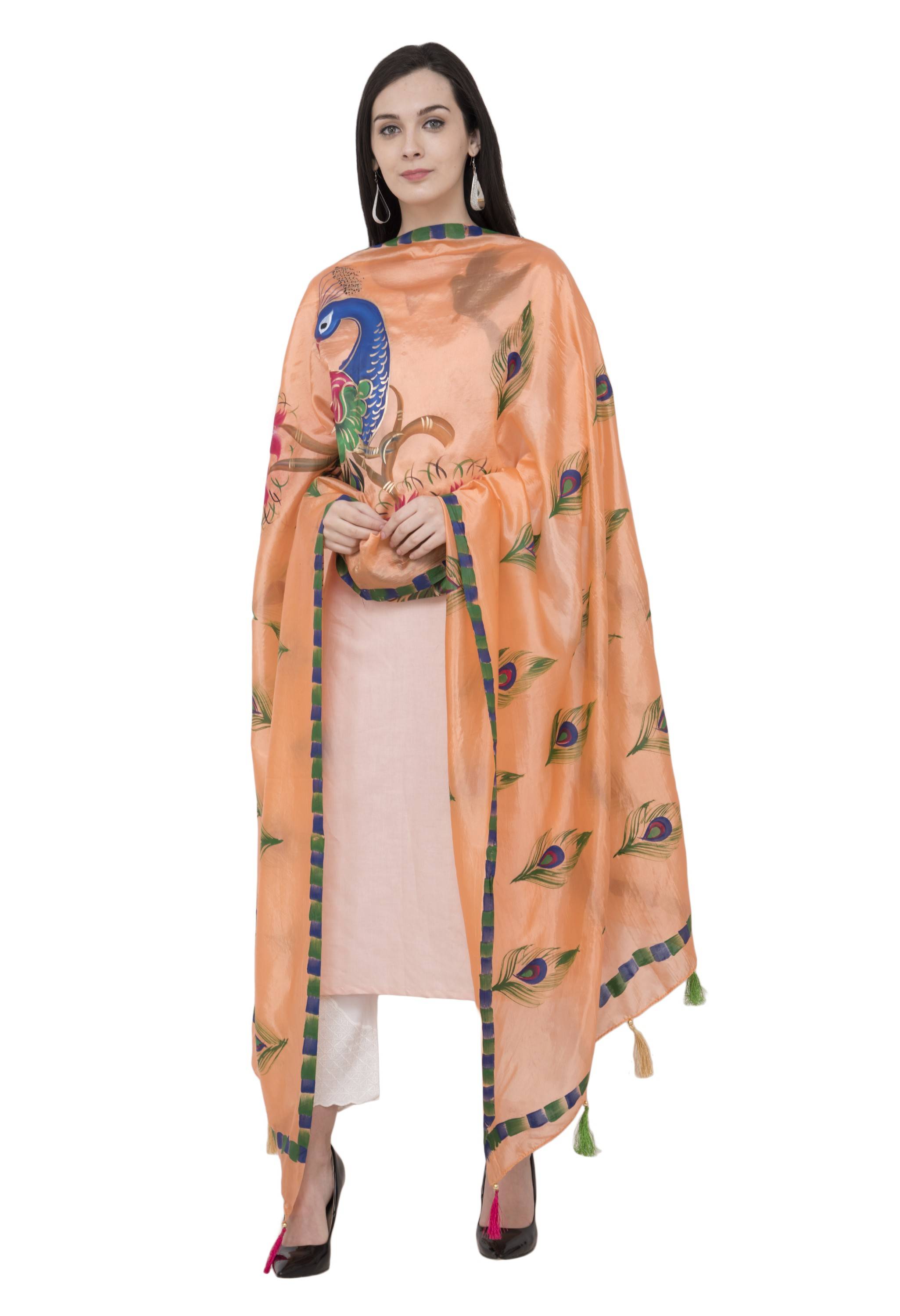 A R Silk Silk Peacock Multi Fancy Dupatta Color PEACH Dupatta or Chunni