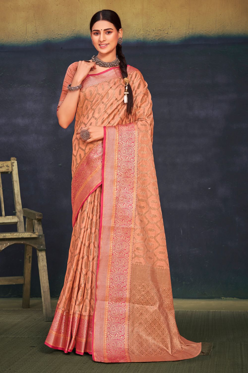 Women's Peach Cotton Woven Zari Work Traditional Saree - Sangam Prints