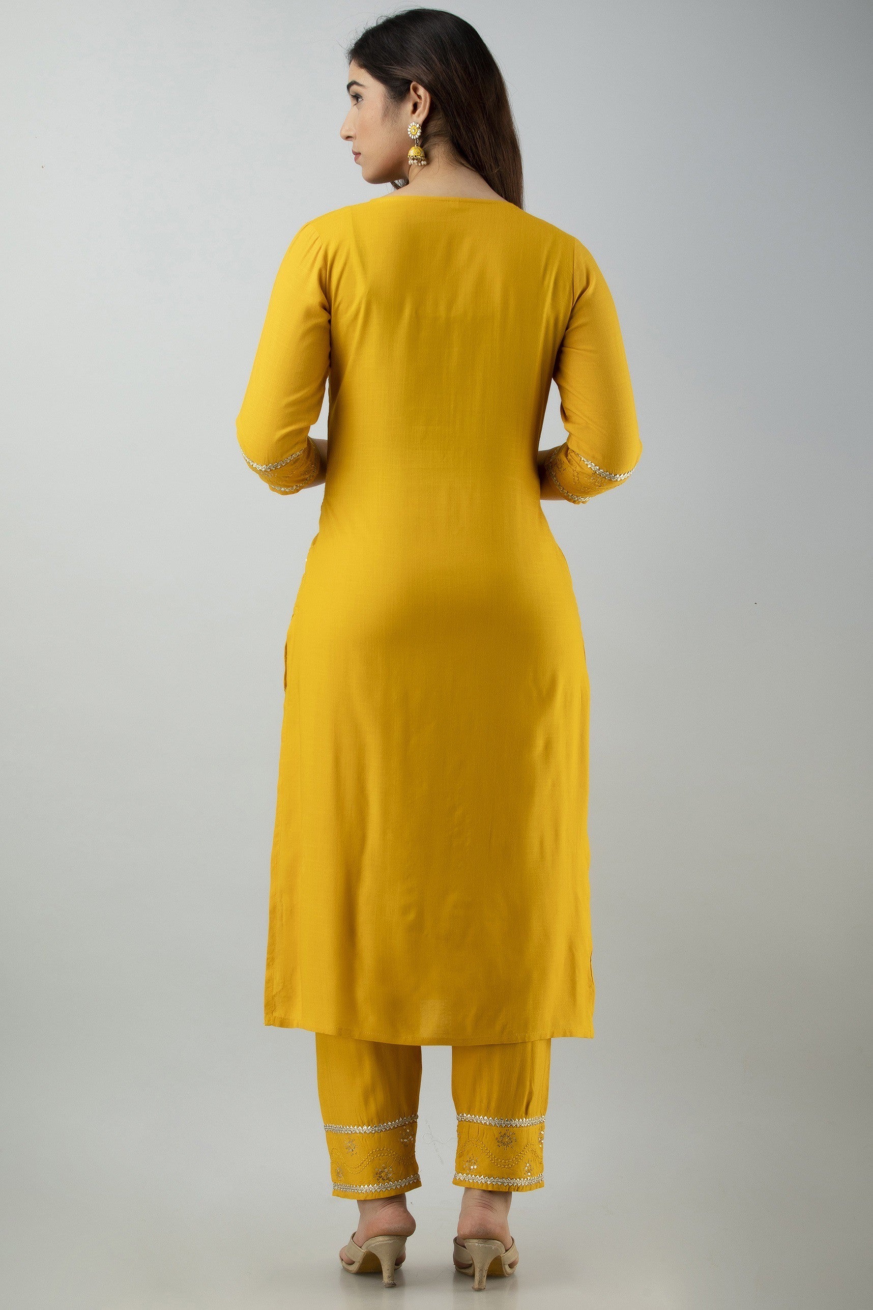 Women's Embroidered Viscose Rayon Straight Kurta Pant & Dupatta Set (Mustard) - Charu