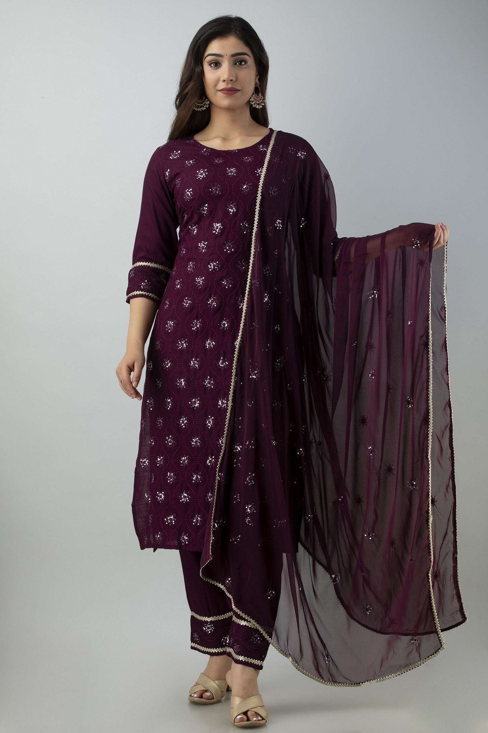 Women's Embroidered Viscose Rayon Straight Kurta Pant & Dupatta Set (Violet) - Charu