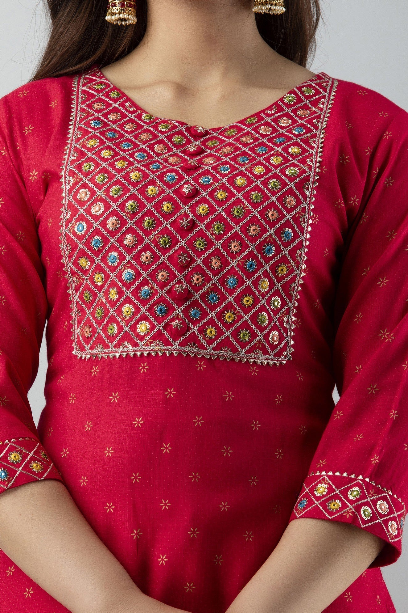 Women's Embroidered Viscose Rayon Straight Kurta Pant & Dupatta Set (Pink) - Charu