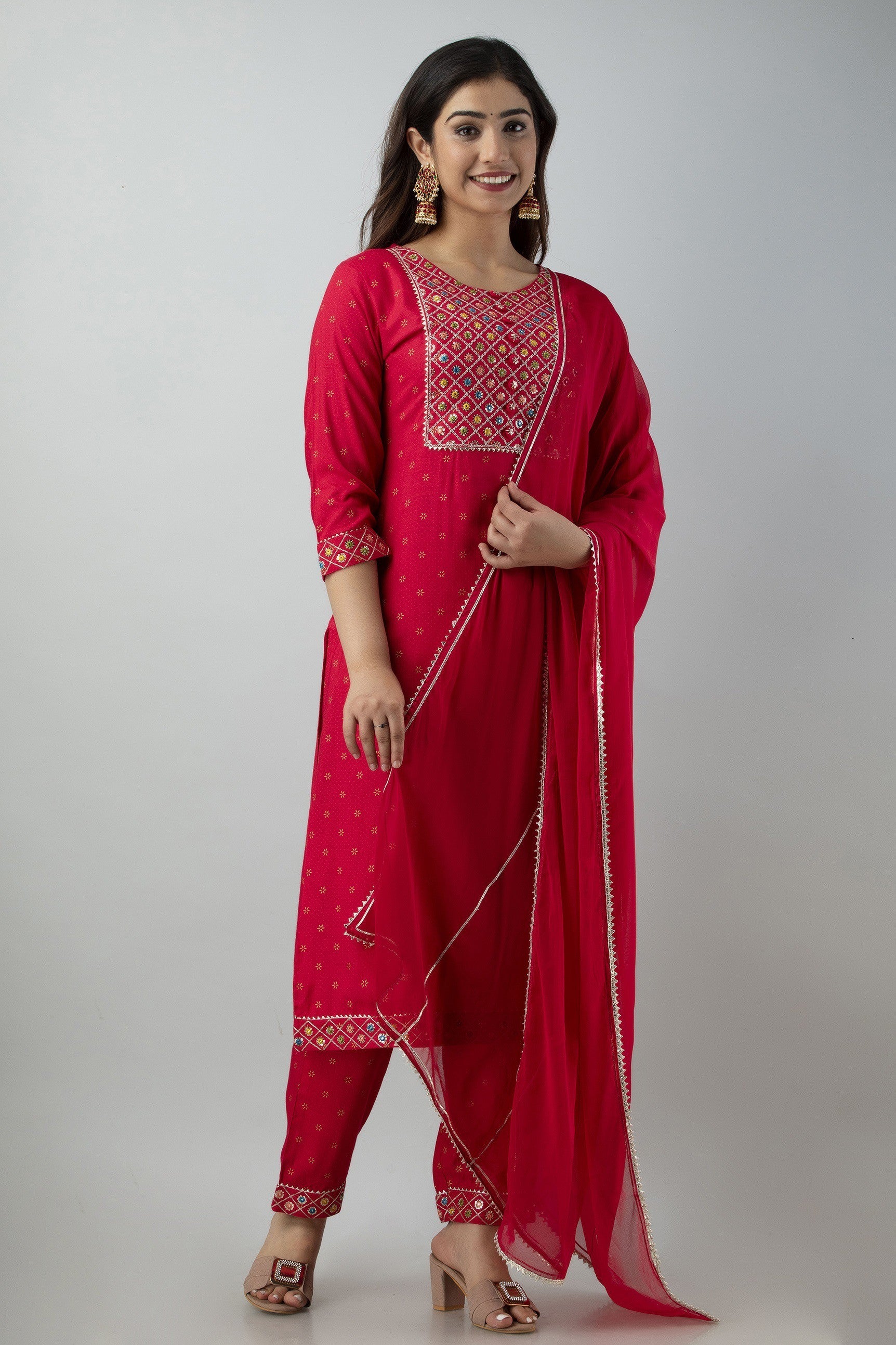 Women's Embroidered Viscose Rayon Straight Kurta Pant & Dupatta Set (Pink) - Charu