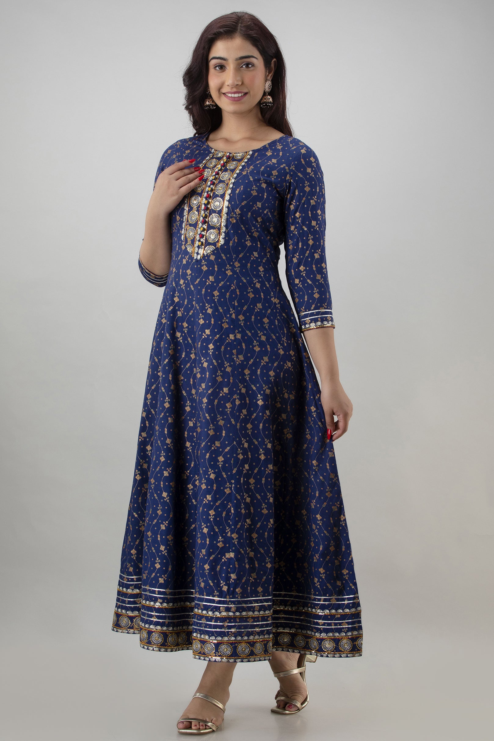 Women's Embroidered Viscose Rayon Anarkali Kurta (Blue) - Charu