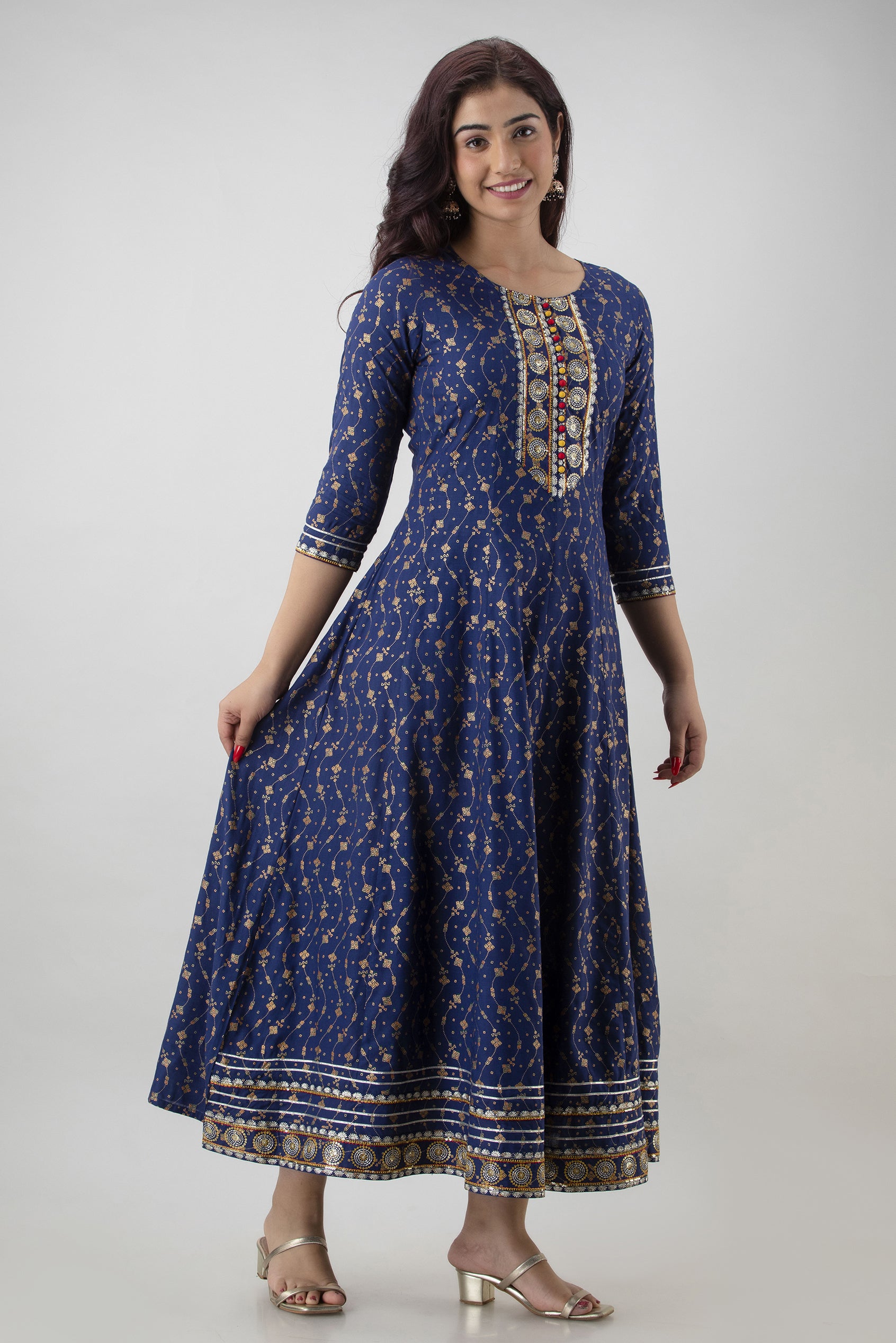 Women's Embroidered Viscose Rayon Anarkali Kurta (Blue) - Charu