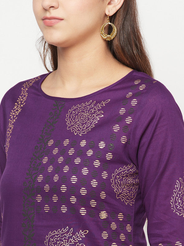 Women's Cotton Foil print straight kurta,Purp