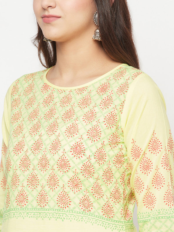 Women's Cotton Block print straight kurta,Lemon-Aniyah