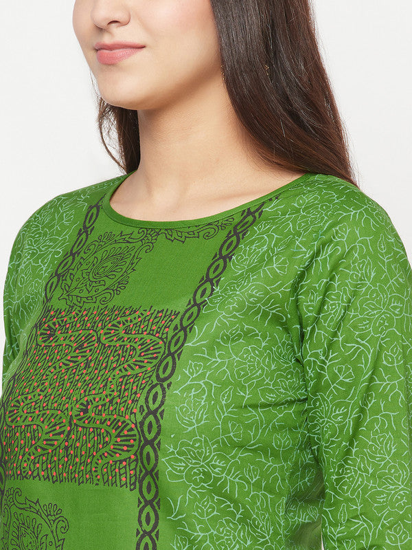Women's Cotton Block print straight kurta,Green-Aniyah