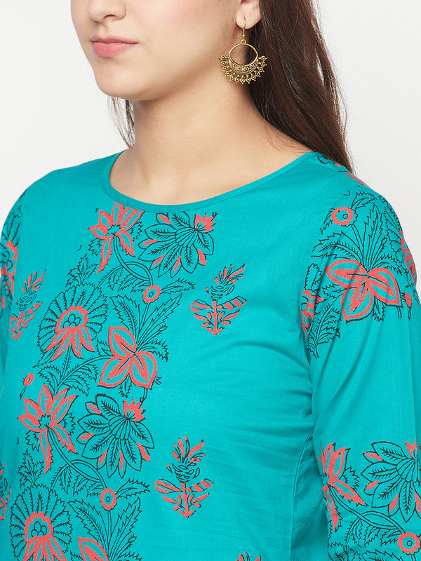 Women's Cotton Block print straight kurta,Turquoi