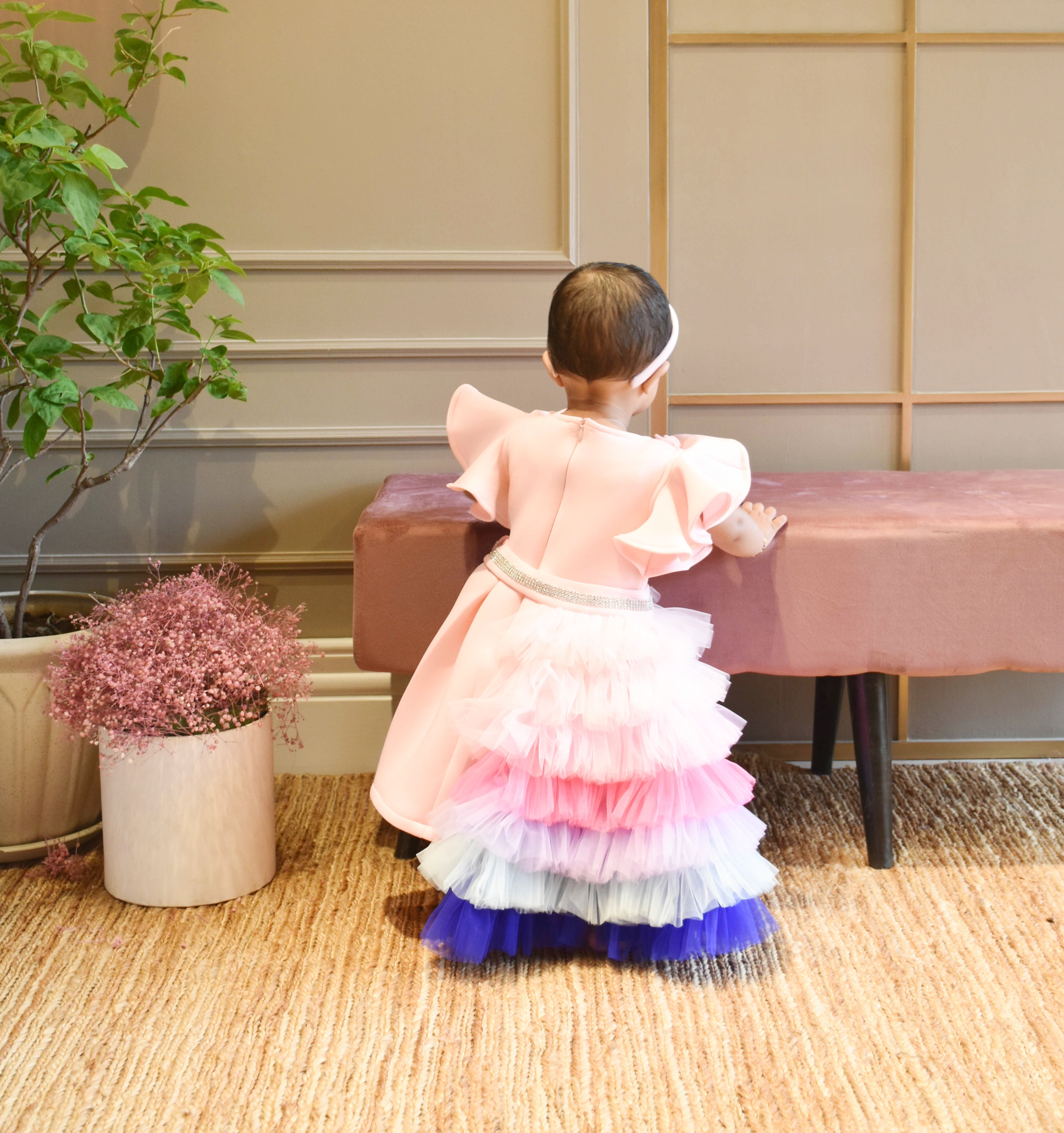 Girl's Pink Lycra Dress And Net Frills Trail - Fayon Kids