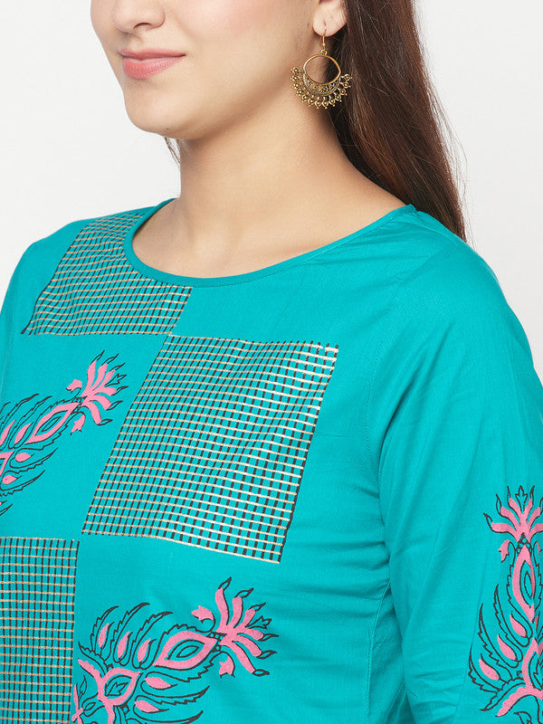 Women's Cotton Block print straight kurta,Turquoi