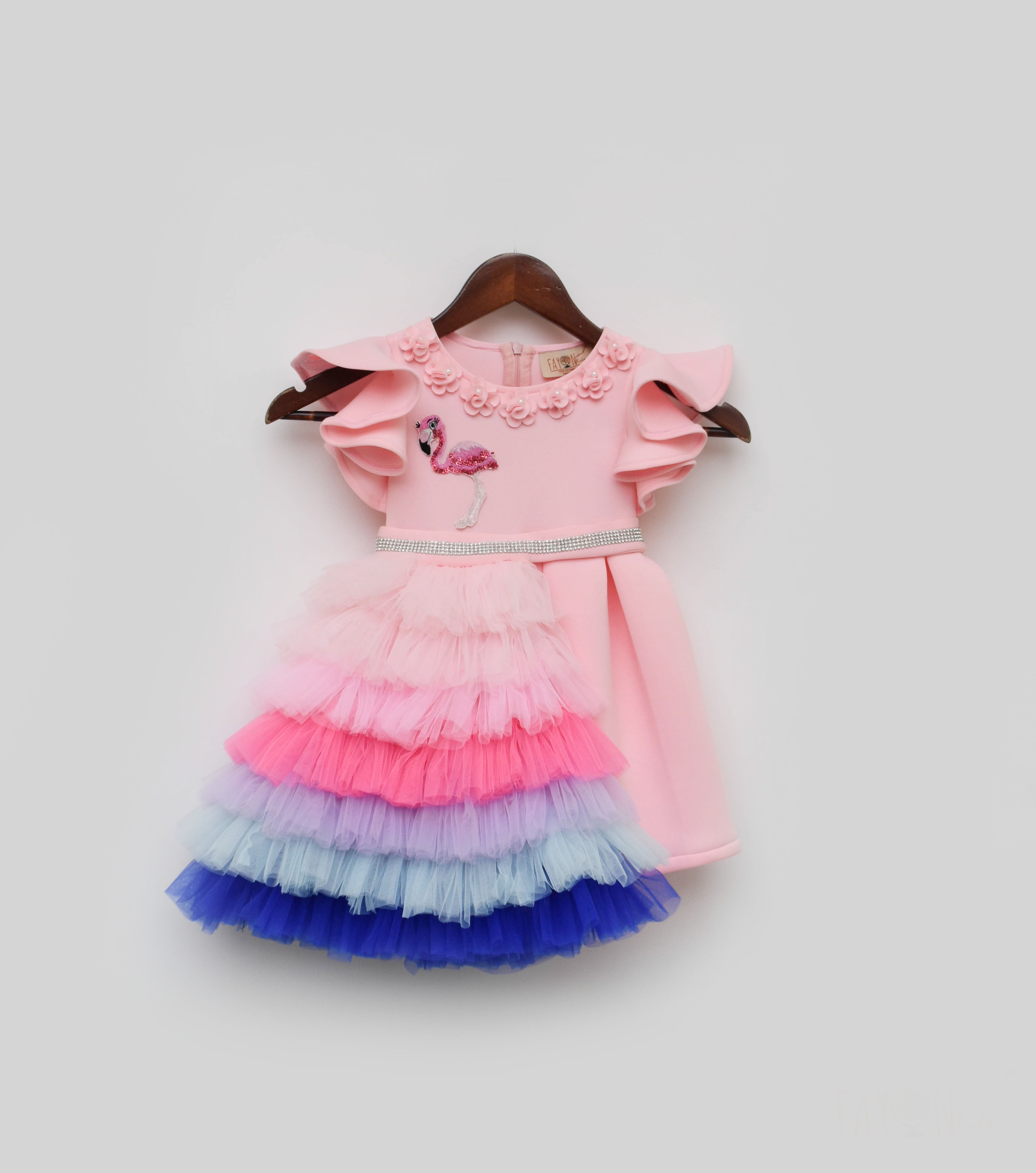 Girl's Pink Lycra Dress And Net Frills Trail - Fayon Kids