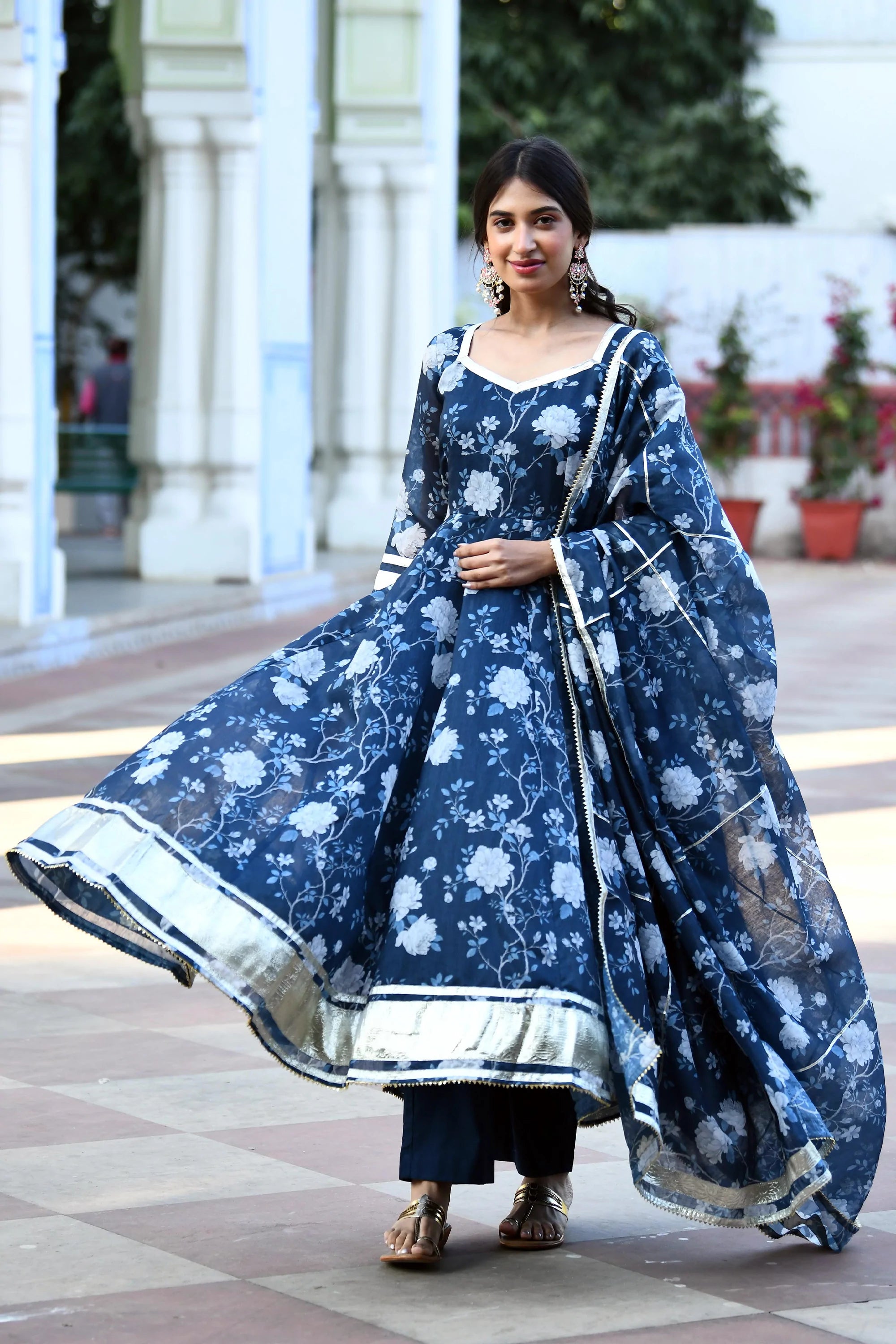 Women's Navy Blue Floral Anarkali Suit  - Saras The Label -3Pc Set