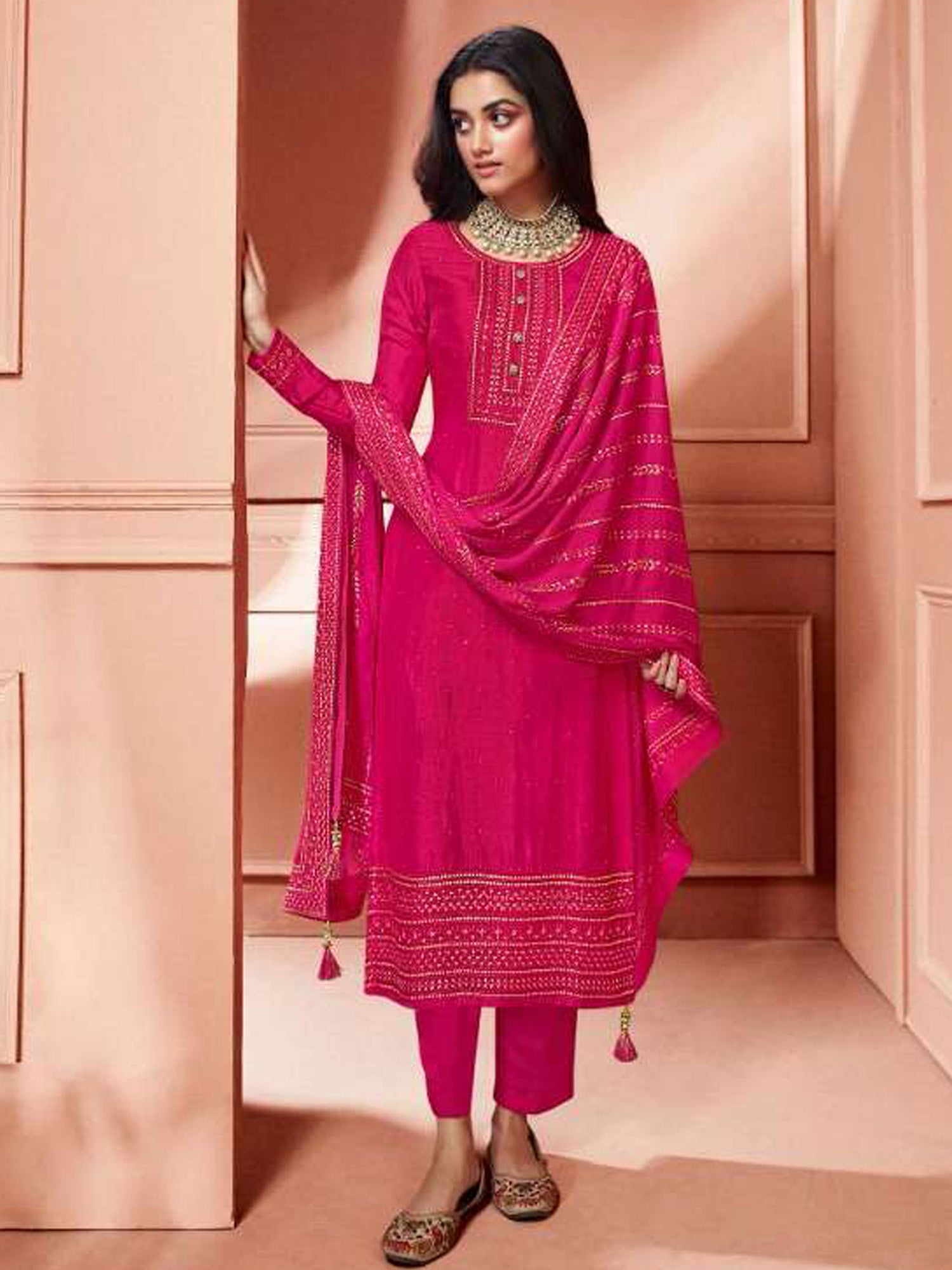 Women's Pink  Dola Silk Embroidered Salwar Suit - Fashion Forever