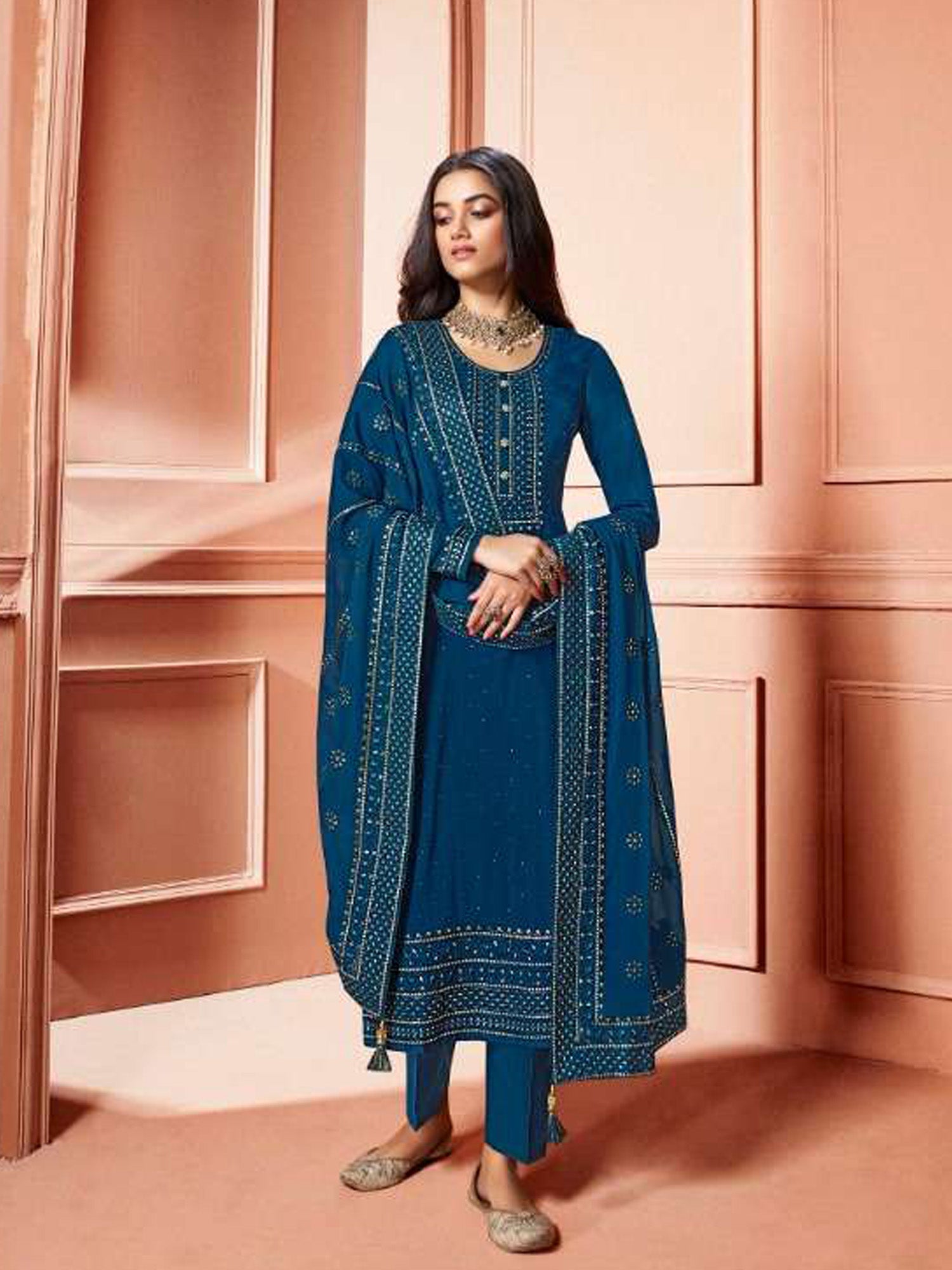 Women's Navy  Dola Silk Embroidered Salwar Suit - Fashion Forever