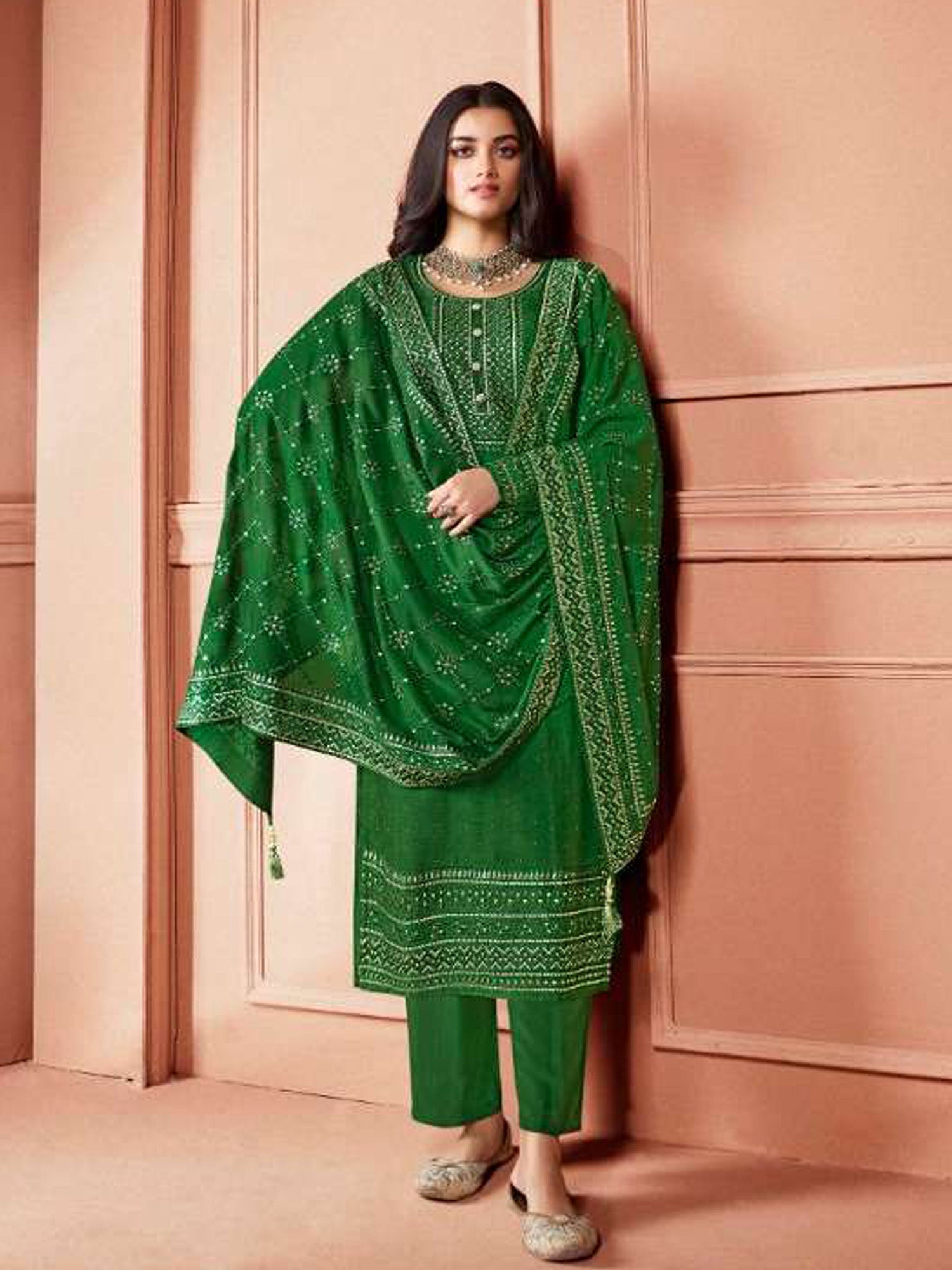 Women's Mahendi  Dola Silk Embroidered Salwar Suit - Fashion Forever