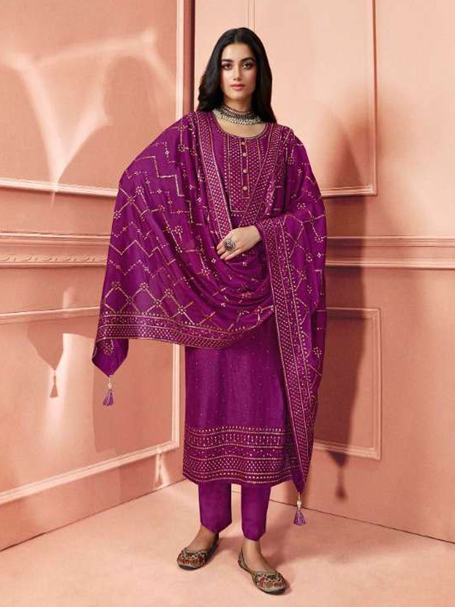 Women's Purple Dola Silk Embroidered Salwar Suit - Fashion Forever