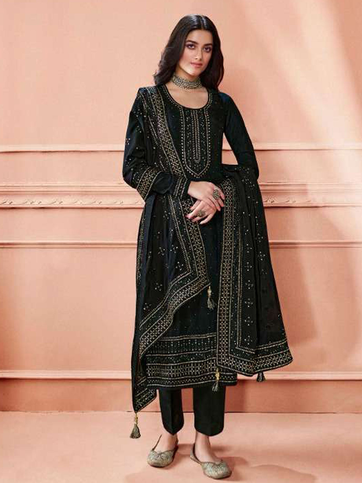 Women's Black  Dola Silk Embroidered Salwar Suit - Fashion Forever