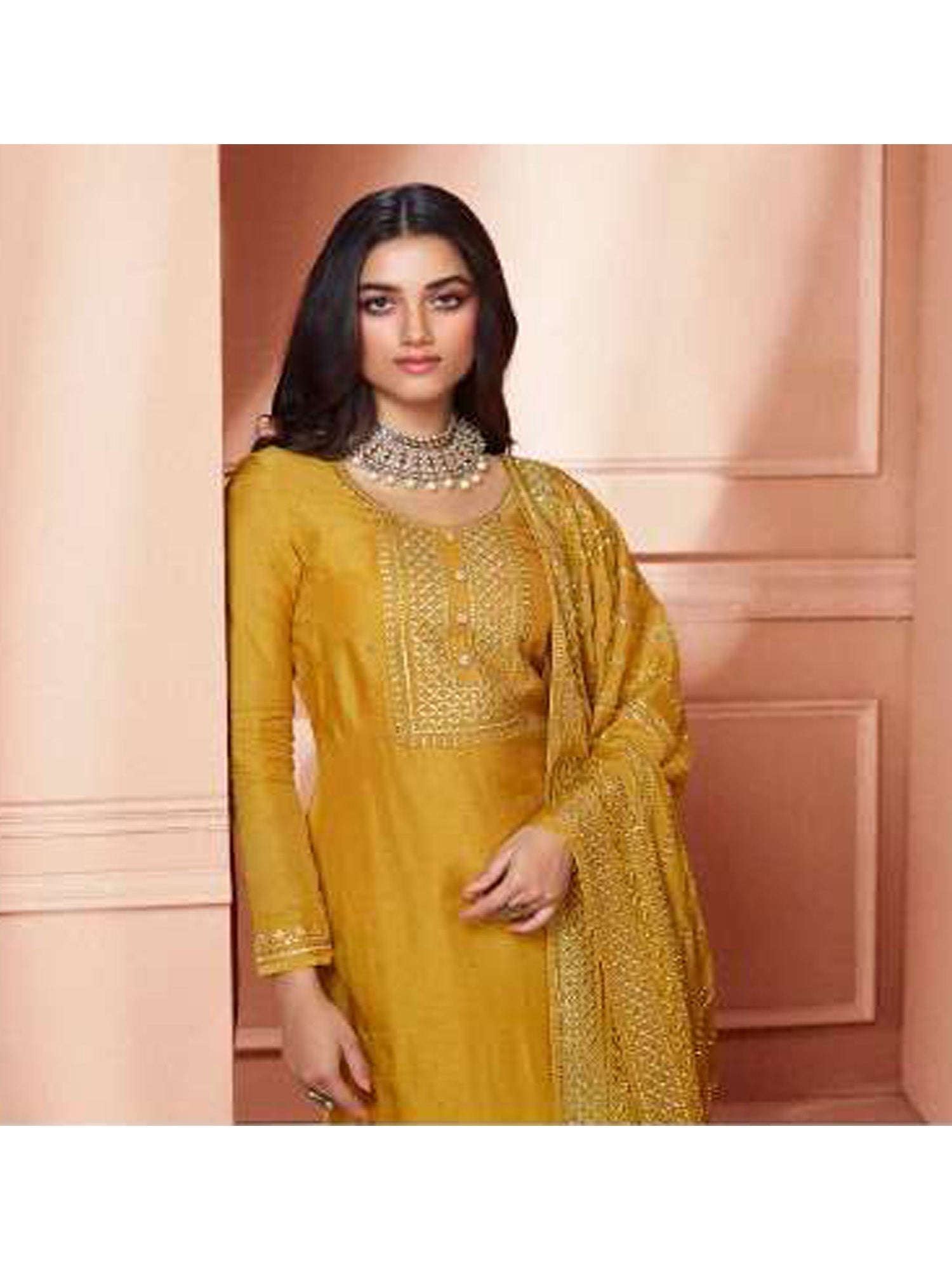 Women's Yellow Dola Silk Embroidered Salwar Suit - Fashion Forever