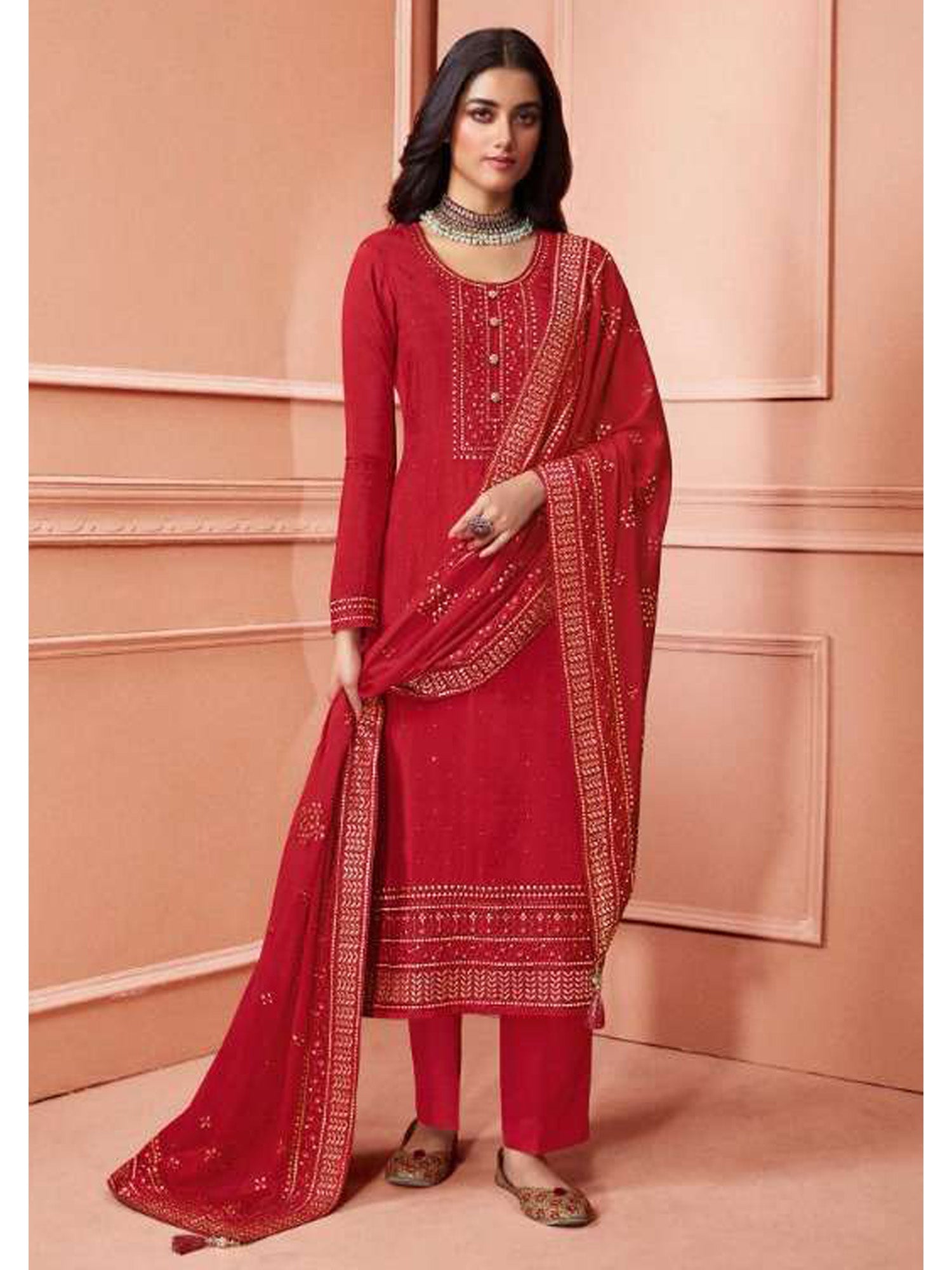 Women's Red Dola Silk Embroidered Salwar Suit - Fashion Forever