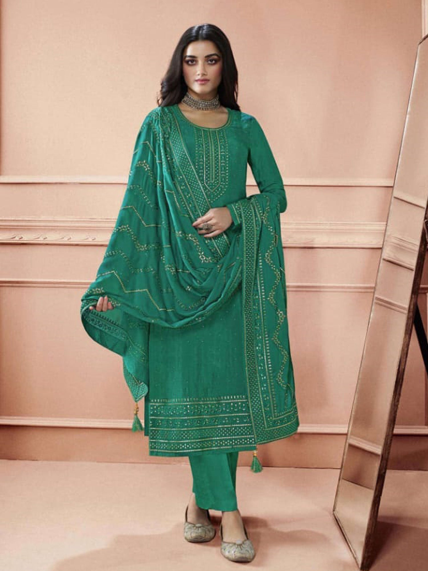 Women's Green Dola Silk Embroidered Salwar Suit - Fashion Forever