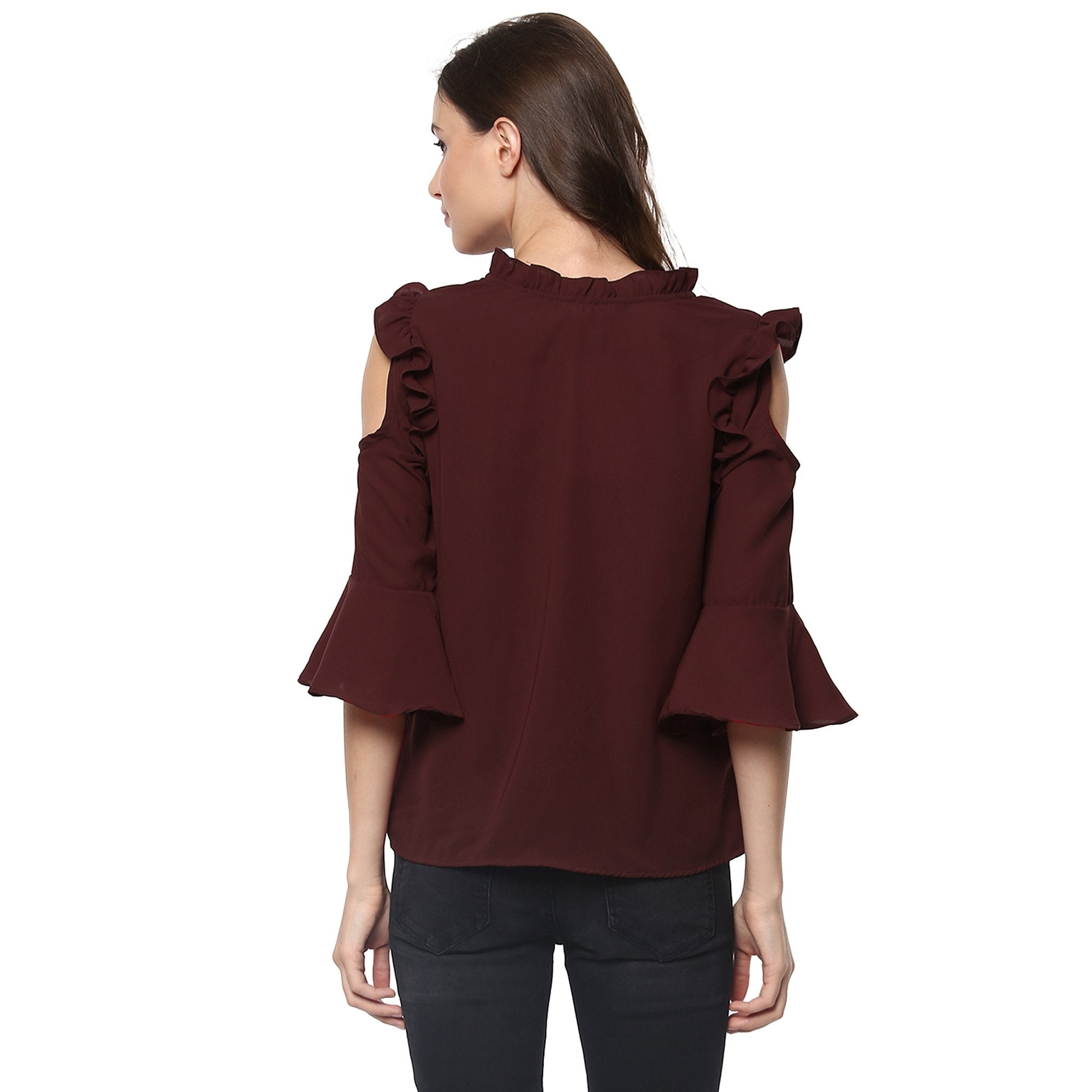 Women's Solid Ruffle Cold Shoulder Top - Pannkh